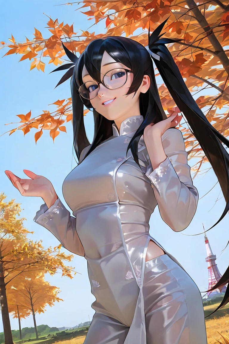 a influenser wearing Ao Dai comes in best autumn leaves season in Tokyo,(sfw), autumn but hot sunny day clear blue sky,
shining skin, perfect quality, high quality, masterpiece, skin texture, detailed skin, realistic skin,

18yo girl,hands up her shoulder height,
 scene of Throwing higher bulk of the fallen leaves for viewer with her 2 hands, 
smile
anime style (cute) round (adorable face) (thick wet lip)
she is looks like arare-chan in real life
(correct gingko tree stem unique rough surface:1.3),
many of tall gingko trees and less maple trees
short round chin (yellow iris), soft shadow on face make her beauty, face profile. tilt head, P:
(standing contrapposto) twisting upper body,
perfect realistic skin, medium breasts,
almost no trancerucency of ao dai,

simple background in the park of Japan, under huge gingkotree, Shiba kouen, Tokyo tower on back ground lergesize on screen
leaves of gingko she is throw, falling gingko leaves flying on wind,
(hard diffused spotlighting from diagonally
behind:0.7),
dutch_angle, 
(girl covered with dark shadow of trees:1.3)
(low contrast on skin, low brightness on skin:1.3)
(low highlight on skin:1.3 )
looking at viewer,
narrow sloping shoulders
long glossy black hair very long pigtails twin braid wearing glasses 3part of bangs, 
(oily skin:0.7) (low contrast on skin, low brightness on skin:1.3)
(traditional cutting silky long sleeves white ao dai with white glitter embroidery around fore body),
raglan sleeve ao dai
her right side open design
skin of side belly, white silky long pants as set of ao dai,
pelvic curtain slightly floating by zephyr,
from below, (side portrait:1.3),autumn grass, red maple leaves far away,
set white balance as 5600k on middle tone of skin
under knee out of the frame,
volumetric shadow on breasts, zephyr on fore and back pelvic curtains of ao dai,
various mesmerize posing
(sharp lines:1.3)
various colors of ao dai for matching with the background
dof on background,
zPDXL3