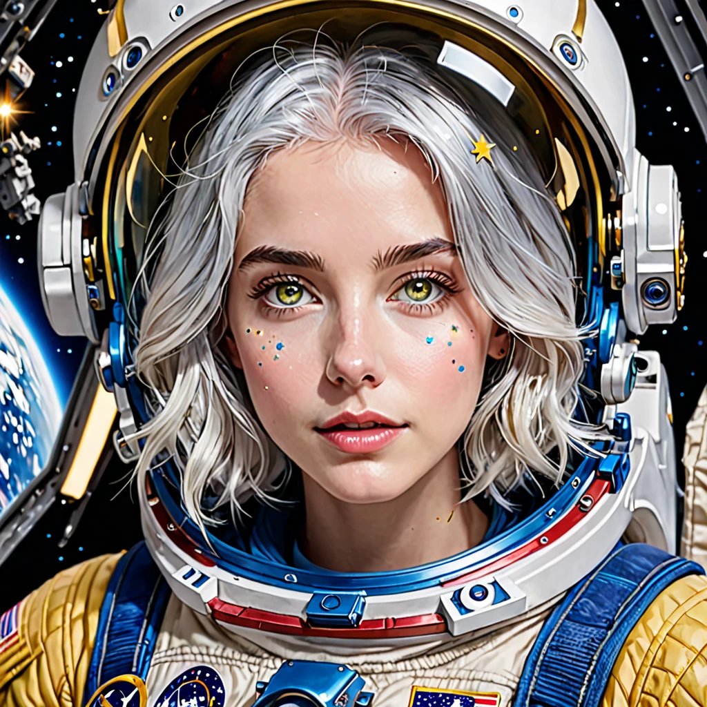  close up of a better masterpiece：1.5)0.9]、(Space and astronauts：1.2) (Disheveled silver hair：1.1) (Heterochromia and Yellow and Blue Eyes：1.2) ( space helmet：1.0) (Colored stars in the eyes：1.0) (Shining Light：1.1) (Thick lips：0.9)