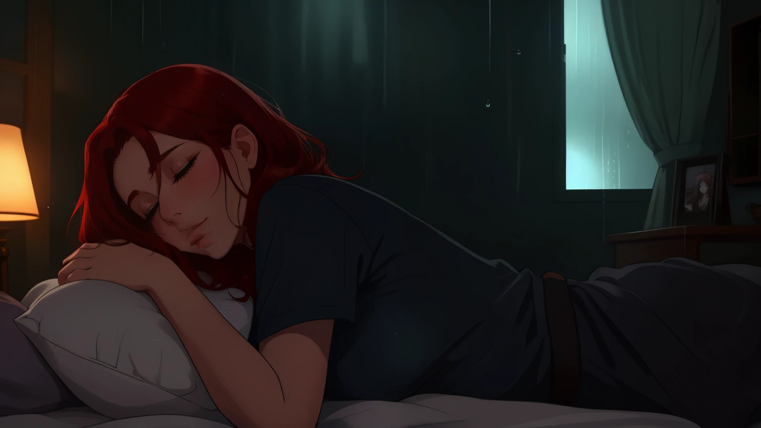 "A cozy and cinematic bedroom with a dark, rainy atmosphere. The room is illuminated by moody neon lights in shades of deep purple and soft green, casting a mysterious and calming glow on the walls. A woman with short auburn red hair is lying on her back on the bed, her body in a natural, relaxed position. Her arms are resting by her sides, and her head is comfortably placed on a soft pillow. Her eyes are gently closed, exuding a sense of peaceful rest. Outside the large glass window, heavy rain pours down, with water droplets streaming across the glass. She is dressed in casual, comfortable clothing, perfectly blending with the tranquil ambiance of the room. A vintage classic TV is playing static or an old movie, adding a nostalgic cinematic touch to the dimly lit space."
