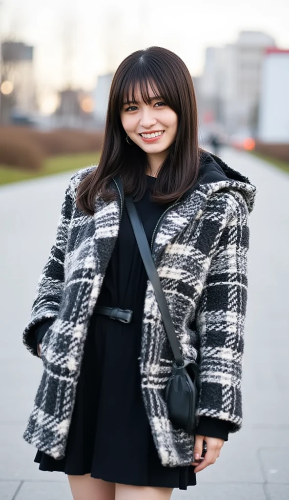 Nagahama_black, this image is a portrait of a young woman with dark hair and shoulder-length bangs. She has a broad smile and is looking straight into the camera. Skirt, The woman is wearing a black and white checked coat with a hood and a black bag slung over her shoulder. The background is blurred but appears to be an urban area with buildings and trees. The lighting is soft and natural, creating a bokeh effect. The overall mood of the image is happy and relaxed, with full body, upskirt, panty shots, and a black skirt.