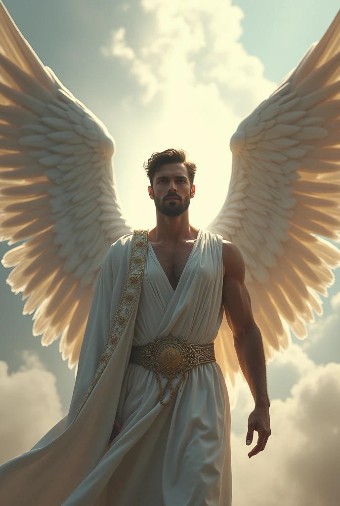 A man standing with wings at his back of white colour