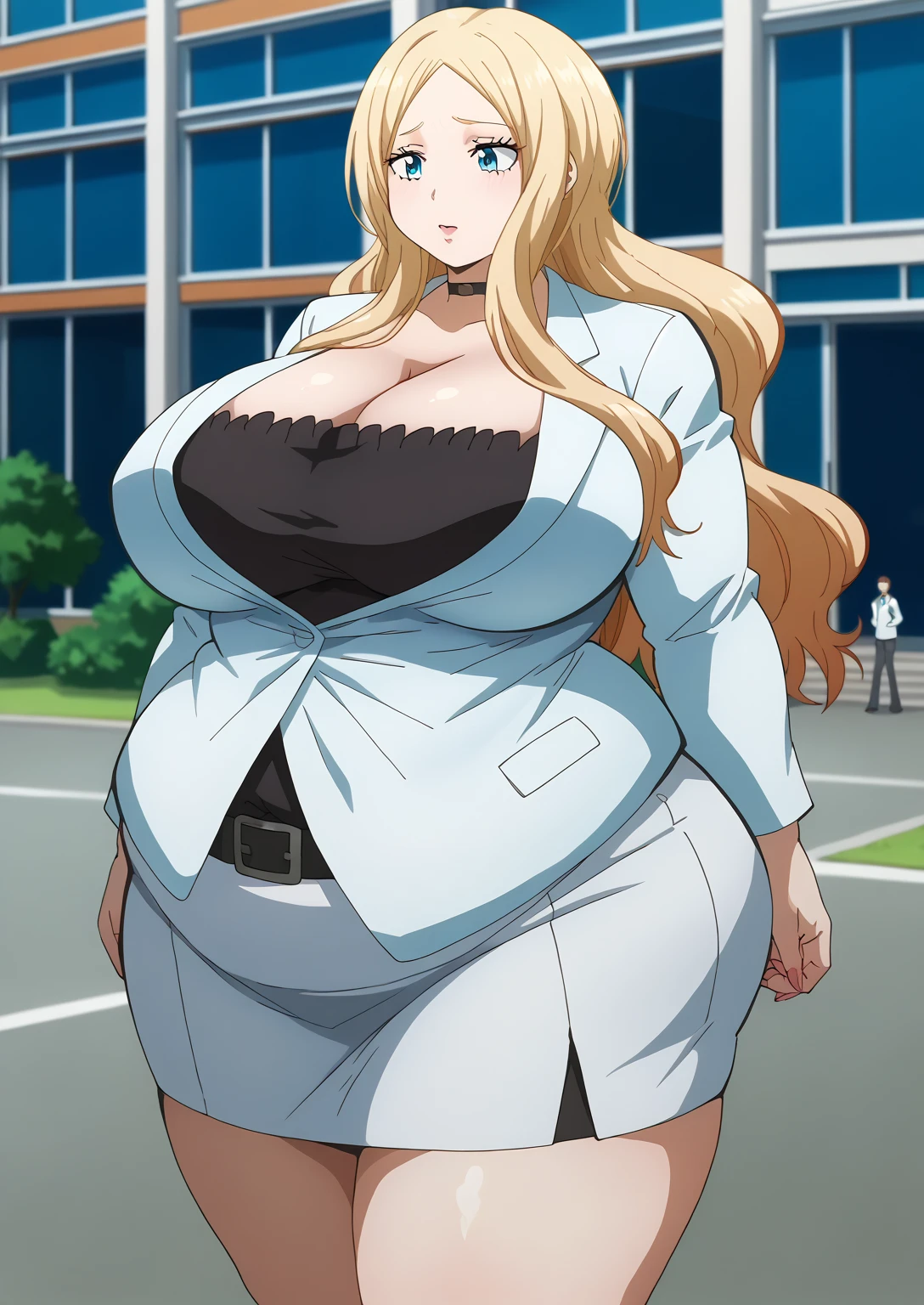  Irina Jelavic,  Golden Hair ,  long hair, blue eyes,  black choker like an NTR cartoon,  white suit , ( white jacket), Black inner shirt, (white mini skirt) , ssbbw, chubby,milf, score_9,   score_8_ up,   score_7_ up,   score_6_ up,   score_5_ up,   score_4_ up,     masterpiece   ,   top quality,     So Aesthetic ,    absurd,    Source_Anime, Anime screencap,    one woman , Alone,   personal   ,  Super huge breasts, ((( super huge clevis, Super huge , Super huge boob))), Curvy,   chubby,  Mature Woman,   obese ,  embarrassing expression, Outdoor