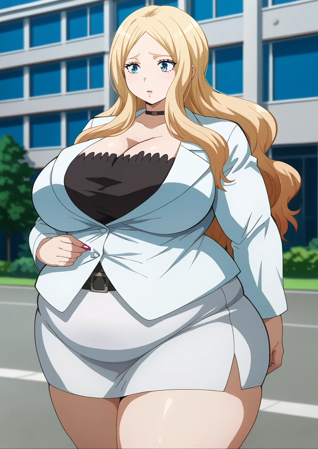  Irina Jelavic,  Golden Hair ,  long hair, blue eyes,  black choker like an NTR cartoon,  white suit , ( white jacket), Black inner shirt, (white mini skirt) , ssbbw, chubby,milf, score_9,   score_8_ up,   score_7_ up,   score_6_ up,   score_5_ up,   score_4_ up,     masterpiece   ,   top quality,     So Aesthetic ,    absurd,    Source_Anime, Anime screencap,    one woman , Alone,   personal   ,  Super huge breasts, ((( super huge clevis, Super huge , Super huge boob))), Curvy,   chubby,  Mature Woman,   obese ,  embarrassing expression, Outdoor