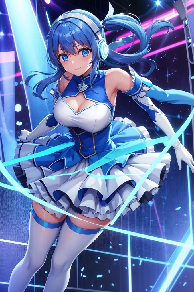 Mecha Wings、White and blue skirt、Accentuated thighs、White tights、chest、Beautiful blue hair、1 girl、solo girl、Thick thighs、IS、Frame Arms Girl、Alice Gere Aegis、White Armor、Blue and purple lines、income、headphone、hand on own chest、smile
