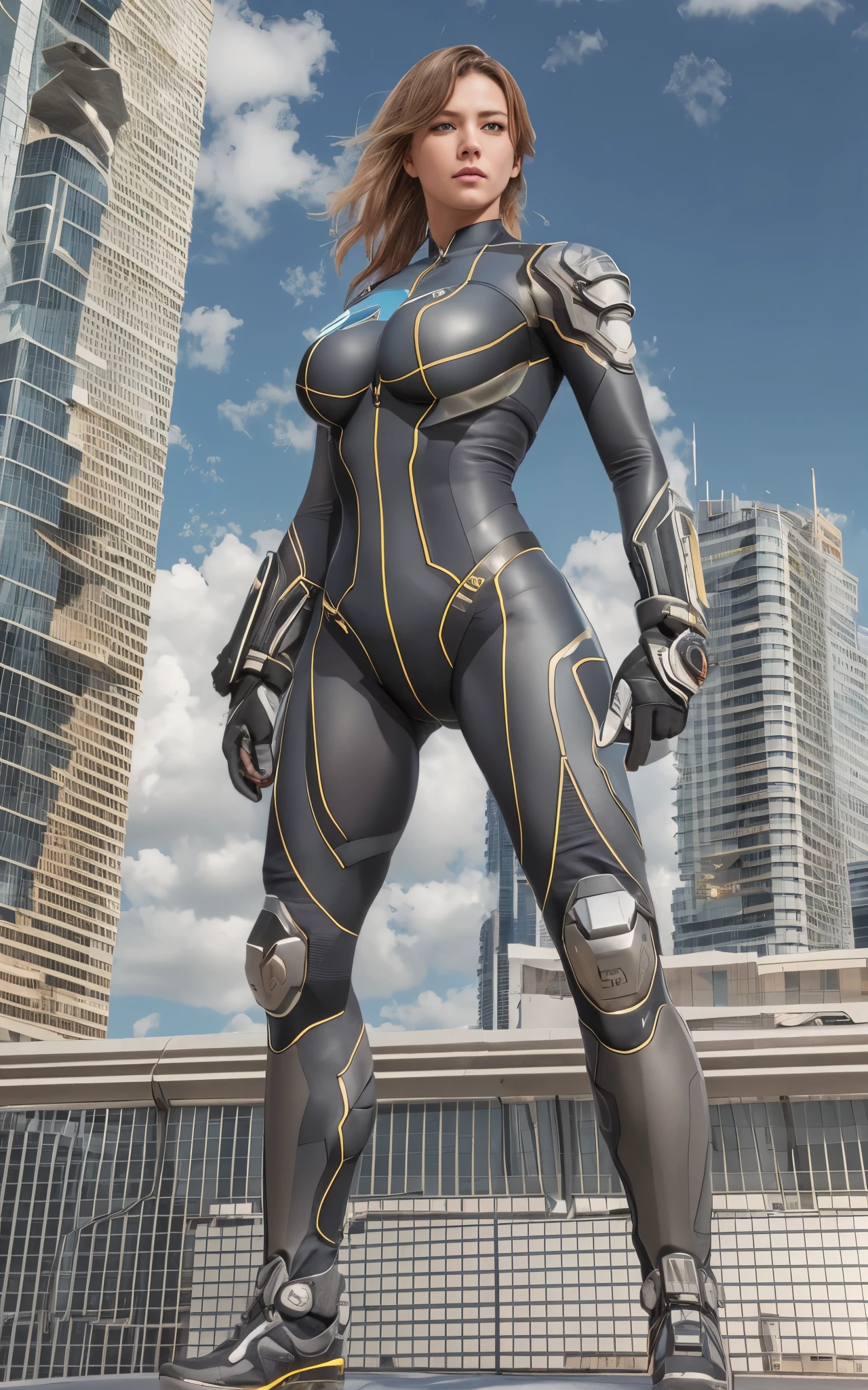 ((Best Quality)), ((masutepiece)), (Detailed: 1.4), (Absurd), Caucasian female fighter pilot ready for war, front walking, muscular sculptural body defined, Closed mouth, muscular body covered by technological clothing, Cyberpunk, ((perfect large breasts)), (blue eyes without pupils), close to real, Crazy face, Sexy Pose, Centered, scale to fit the dimensions, (High dynamic range), Ray tracing, Hyper-Resolution, Subsurface Dispersion, PBR Texture, Post-processing, Anisotropy Filtering, depth of fields, Maximum clarity and sharpness, Multilayer textures, Surface Shading, accurate simulation of light and material interactions, Perfect proportions, thirds rule, top-quality, ultra-detailliert, Being on the roof of a skyscraper, Smooth bodysuit, spiffy dark gray zero suit