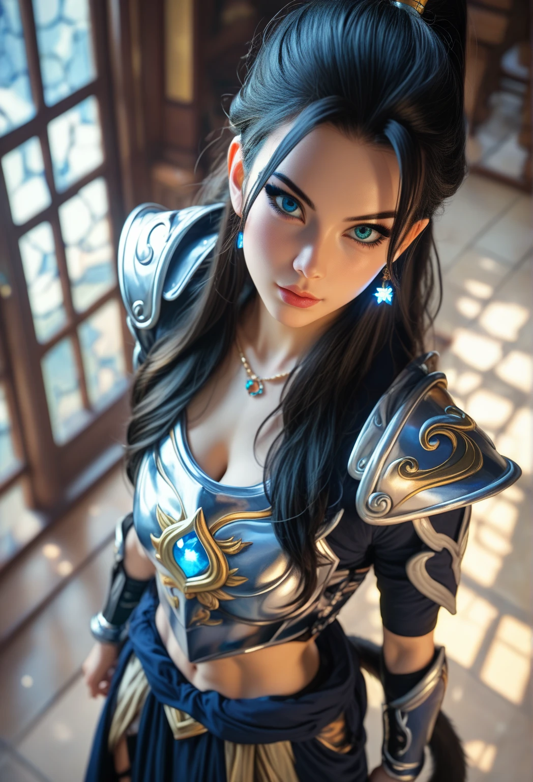 highly detailed, photorealistic, masterpiece, best quality, 8k, ultra-detailed, A close-up of a 17-year-old, extremely beautiful female face resembling Semiramis with intensely glowing blue eyes emitting blue light and red lips, displaying a cold smile. She has long black hair and is wearing a blue dress and an ornate blue crown. The scene is highly realistic and rendered in 8k resolution, with intricate details, capturing the essence of fantasy art. The glowing blue eyes should be very prominent and luminescent, illuminating the surrounding area.