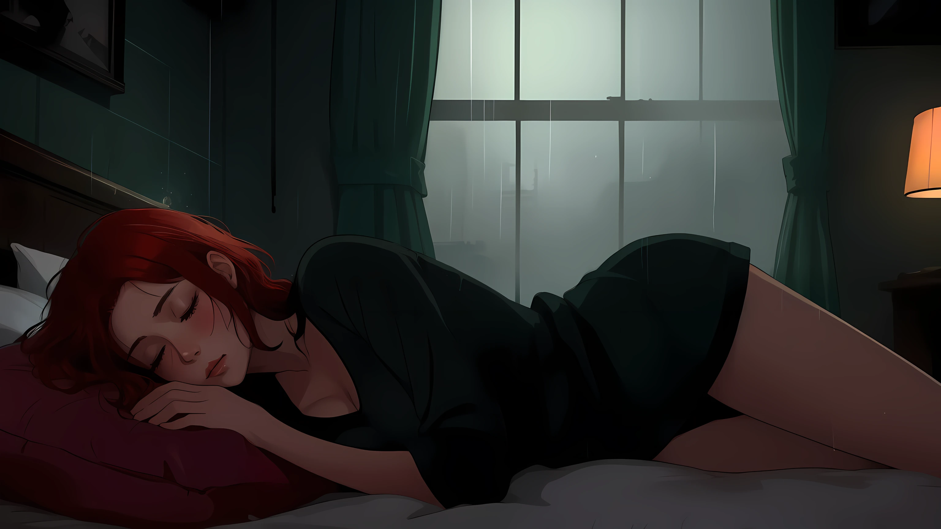 "A cozy and cinematic bedroom with a dark, rainy atmosphere. The room is illuminated by moody neon lights in shades of deep purple and soft green, casting a mysterious and calming glow on the walls. A woman with short auburn red hair is lying on her back on the bed, her body in a natural, relaxed position. Her arms are resting by her sides, and her head is comfortably placed on a soft pillow. Her eyes are gently closed, exuding a sense of peaceful rest. Outside the large glass window, heavy rain pours down, with water droplets streaming across the glass. She is dressed in casual, comfortable clothing, perfectly blending with the tranquil ambiance of the room. A vintage classic TV is playing static or an old movie, adding a nostalgic cinematic touch to the dimly lit space."
