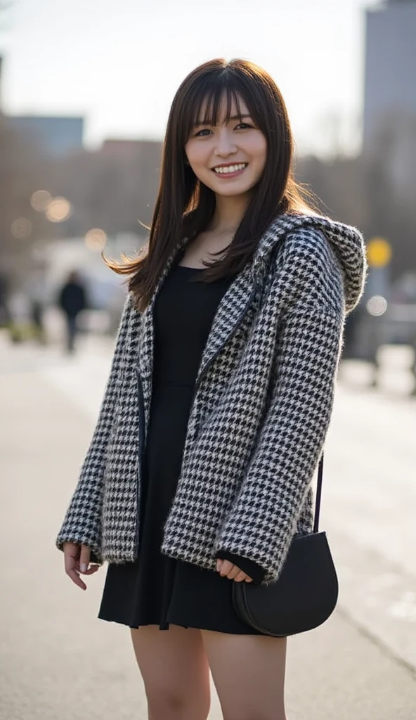 Nagahama_black, this image is a portrait of a young woman with dark hair and shoulder-length bangs. She has a broad smile and is looking straight into the camera. Skirt, The woman is wearing a black and white checked coat with a hood and a black bag slung over her shoulder. The background is blurred but appears to be an urban area with buildings and trees. The lighting is soft and natural, creating a bokeh effect. The overall mood of the image is happy and relaxed, full body, ((upskirt, panties)), and a black skirt.