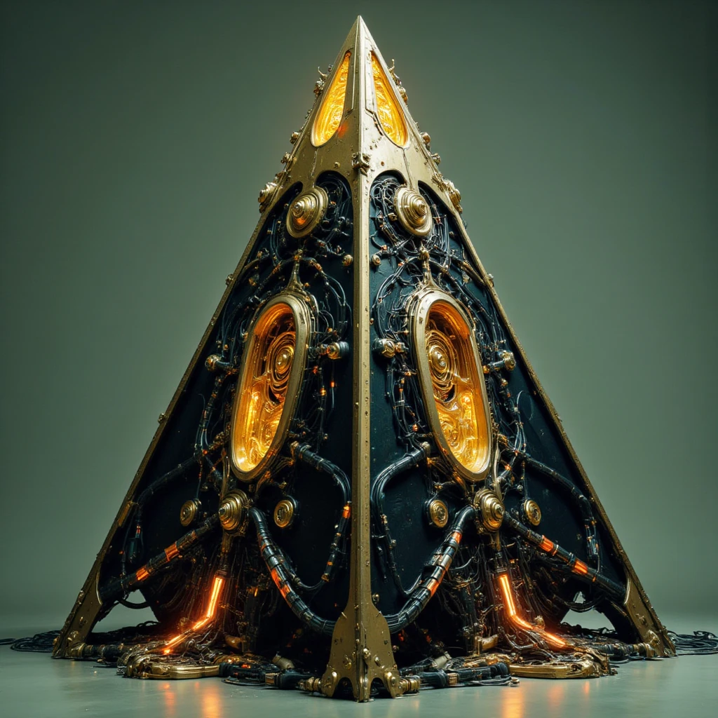 A towering pyramid rises against a muted matte-green background, its sleek form a marvel of interwoven golden and black bio-plastic fused with glossy polyethylene. The structure gleams under soft, ambient lighting, reflecting the greenish tones of its surroundings. Its surfaces ripple with a fluid, molten texture, yet the sharp, geometric edges of the pyramid maintain an air of precision and strength.

Each side is a complex tapestry of biomechanical details, featuring translucent polymer windows revealing intricate internal mechanisms. Glowing neon circuits in vivid orange and cyan form pulsating networks, their patterns evoking both technological sophistication and organic vitality. The golden panels are etched with faint, cryptic designs, contrasting with the smooth, mirror-black surfaces to create a mesmerizing interplay of light and texture.

At the pyramid's apex, a radiant core encased in semi-transparent golden polyethylene emits a warm, oscillating glow. This light spills over the edges, illuminating the polyethylene tendrils cascading from its base. These tendrils connect the structure to the smooth ground below, forming a web of pulsating black wires tethered to metallic nodes that seem to channel unseen energy.

The ground around the pyramid is flawless, its minimalist finish amplifying the monument’s visual impact. As the light shifts, the pyramid appears to breathe with energy, its glowing circuits and golden highlights creating a hypnotic rhythm. A faint hum resonates through the air, blending with the occasional flicker of the neon wiring, as if the pyramid itself is alive, preserving secrets of a synthetic-organic legacy lost to time.