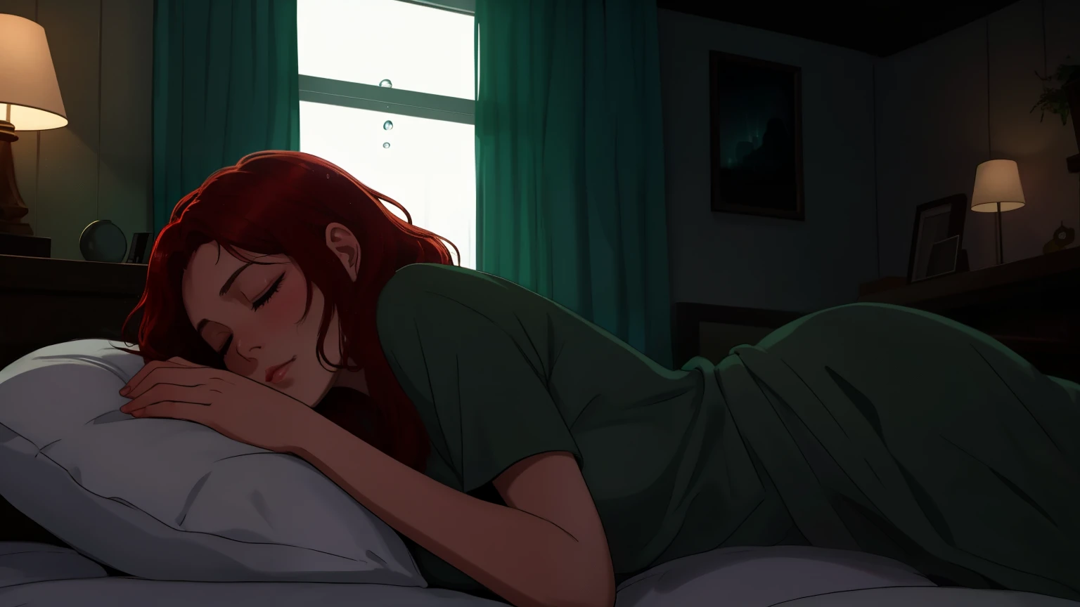 "A cozy and cinematic bedroom with a dark, rainy atmosphere. The room is illuminated by moody neon lights in shades of deep purple and soft green, casting a mysterious and calming glow on the walls. A woman with short auburn red hair is lying on her back on the bed, her body in a natural, relaxed position. Her arms are resting by her sides, and her head is comfortably placed on a soft pillow. Her eyes are gently closed, exuding a sense of peaceful rest. Outside the large glass window, heavy rain pours down, with water droplets streaming across the glass. She is dressed in casual, comfortable clothing, perfectly blending with the tranquil ambiance of the room. A vintage classic TV is playing static or an old movie, adding a nostalgic cinematic touch to the dimly lit space."
