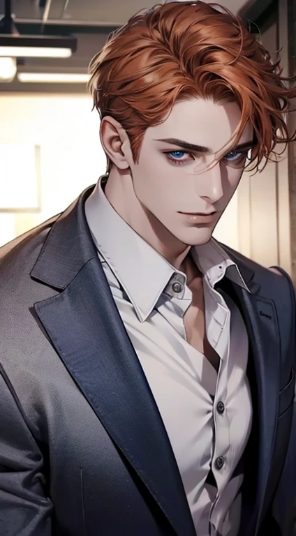 (best quality,4k,8k,highres,masterpiece:1.2),ultra-detailed,(realistic,photorealistic,photo-realistic:1.37),1 man,31 years old,mature man,very handsome,without expression,smile,short dark-orange hair,blue eyes,penetrating gaze,perfect face without errors,imposing posture,businessman,office background,cinematic lighting,hdr image