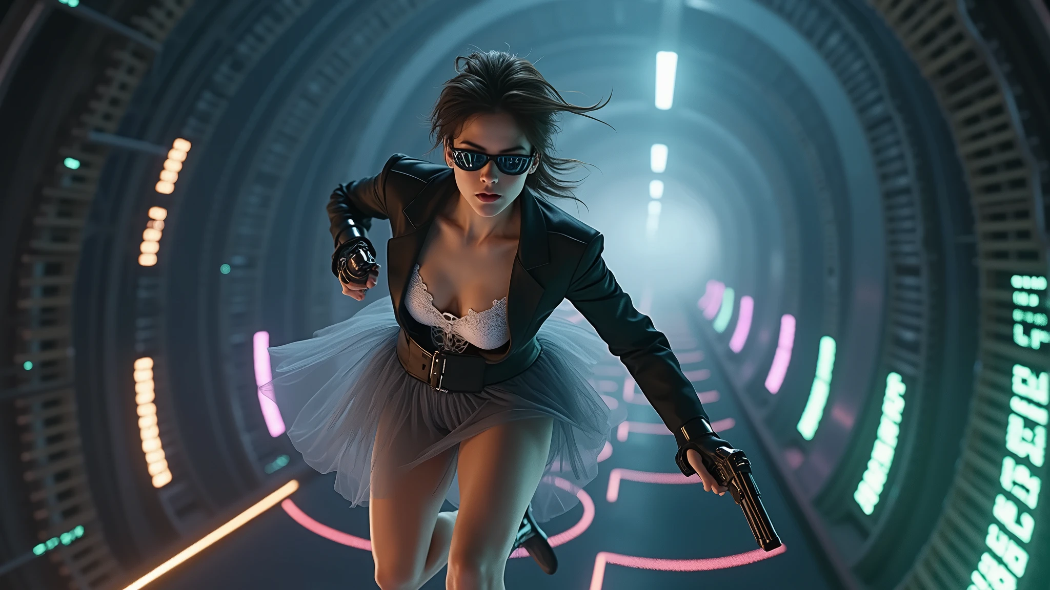 Padme Amidala, squat, holding a lightsaber, wears a short and a top, in a street of a futuristic city, looking for an explosion, tie fighter are flying in the sky, at night, barefoot, stormtroppers are in the back of the picture