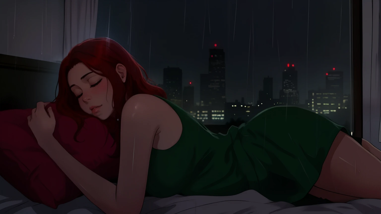 "A cozy and cinematic bedroom with a dark, rainy atmosphere. The room is illuminated by moody neon lights in shades of deep purple and soft green, casting a mysterious and calming glow on the walls. A woman with short auburn red hair is lying on her back on the bed, her body in a natural, relaxed position. Her arms are resting by her sides, and her head is comfortably placed on a soft pillow. Her eyes are gently closed, exuding a sense of peaceful rest. Outside the large glass window, heavy rain pours down, with water droplets streaming across the glass. She is dressed in casual, comfortable clothing, perfectly blending with the tranquil ambiance of the room. A vintage classic TV is playing static or an old movie, adding a nostalgic cinematic touch to the dimly lit space."
