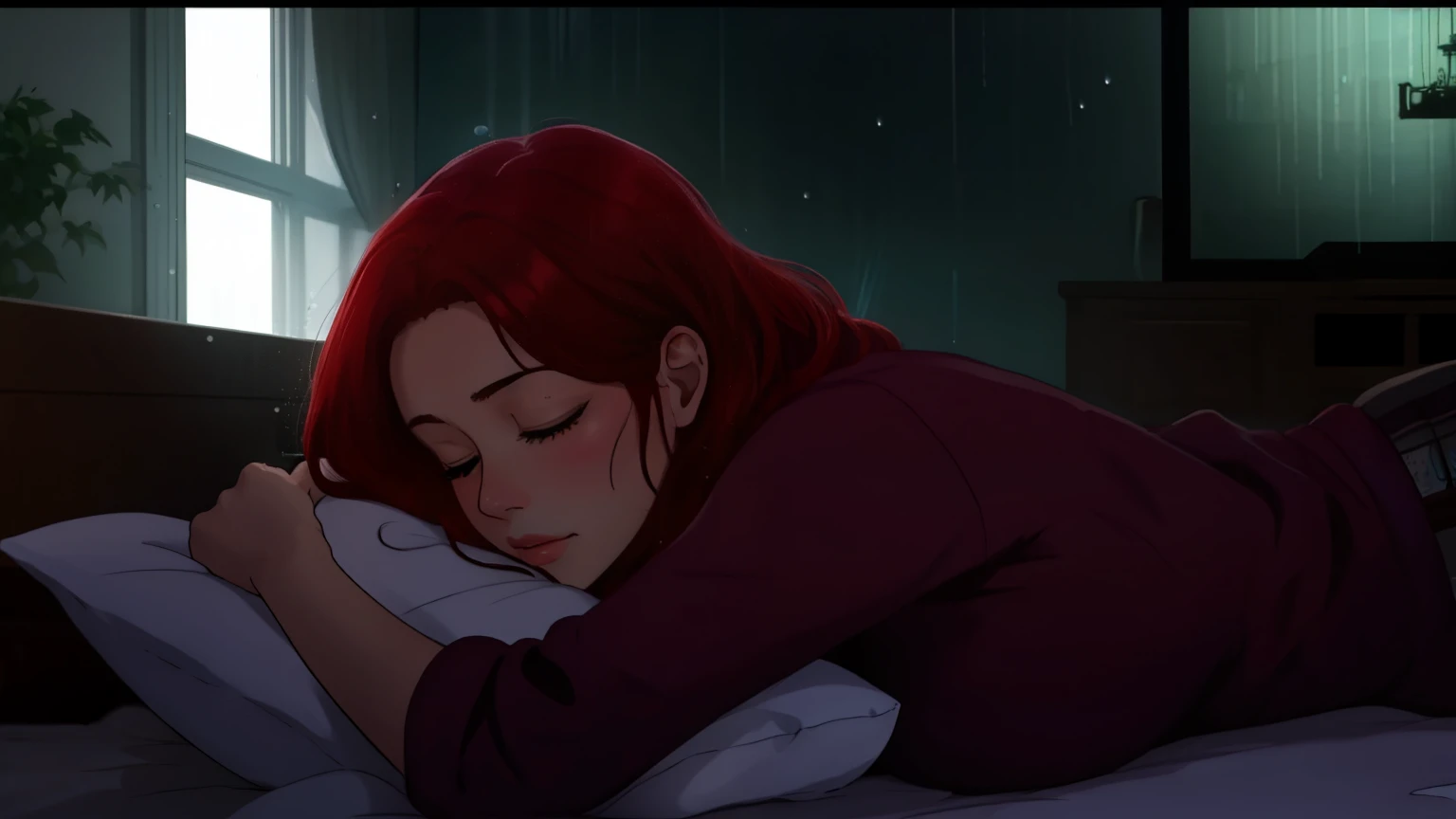 "A cozy and cinematic bedroom with a dark, rainy atmosphere. The room is illuminated by moody neon lights in shades of deep purple and soft green, casting a mysterious and calming glow on the walls. A woman with short auburn red hair is lying on her back on the bed, her body in a natural, relaxed position. Her arms are resting by her sides, and her head is comfortably placed on a soft pillow. Her eyes are gently closed, exuding a sense of peaceful rest. Outside the large glass window, heavy rain pours down, with water droplets streaming across the glass. She is dressed in casual, comfortable clothing, perfectly blending with the tranquil ambiance of the room. A vintage classic TV is playing static or an old movie, adding a nostalgic cinematic touch to the dimly lit space."
