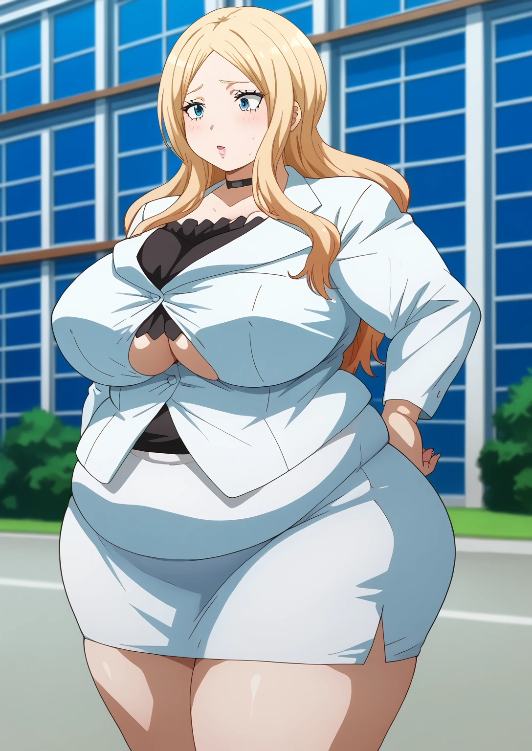  Irina Jelavic,  Golden Hair ,  blue eyes,  black choker like an NTR cartoon,  white suit ,  white jacket,  black shirt , white mini skirt, ssbbw, chubby,milf, score_9,   score_8_ up,   score_7_ up,   score_6_ up,   score_5_ up,   score_4_ up,     masterpiece   ,   top quality,     So Aesthetic ,    absurd,    Source_Anime, Anime screencap,    one woman , Alone,   personal   ,  Super huge breasts, ((( super huge clevis, Super huge , Super huge boob))), Curvy,   chubby,  Mature Woman,   obese ,  embarrassing expression, Outdoor