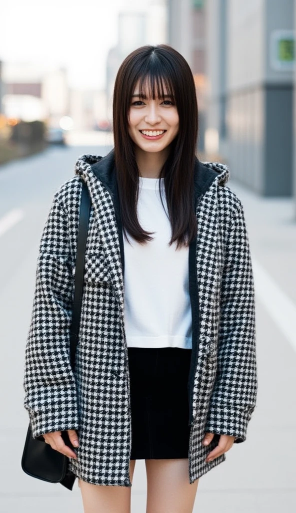 Nagahama_black, this image is a portrait of a young woman with dark hair and shoulder-length bangs. She has a broad smile and is looking straight into the camera. Skirt, The woman is wearing a black and white checked coat with a hood and a black bag slung over her shoulder. The background is blurred but appears to be an urban area with buildings and trees. The lighting is soft and natural, creating a bokeh effect. The overall mood of the image is happy and relaxed, (full body:1.2), ((upskirt, panties)), and a black skirt.