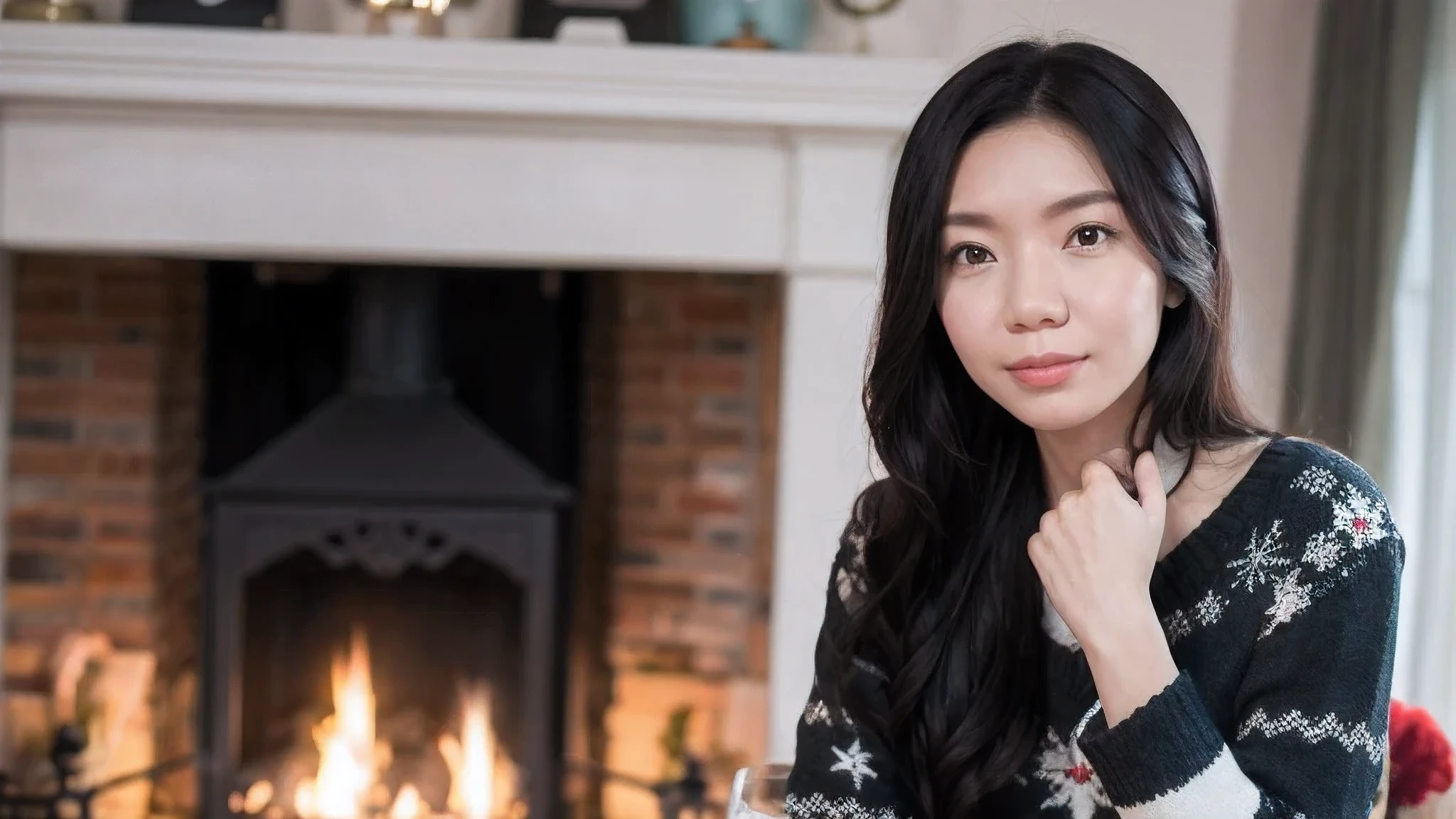 A beautiful chinese 50yo woman with beautiful eyes:1.2, detailed eyes, beautiful full lips, highly detailed eyes and faces, long eyelashes, cute expression, smile, sitting:1.4, holding a Christmas star, homely background, Christmas sweater, fireplace, warm light, detailed lighting and shadows, anime style, 8k, Hi-Res, masterpiece:1.4, bright colors,