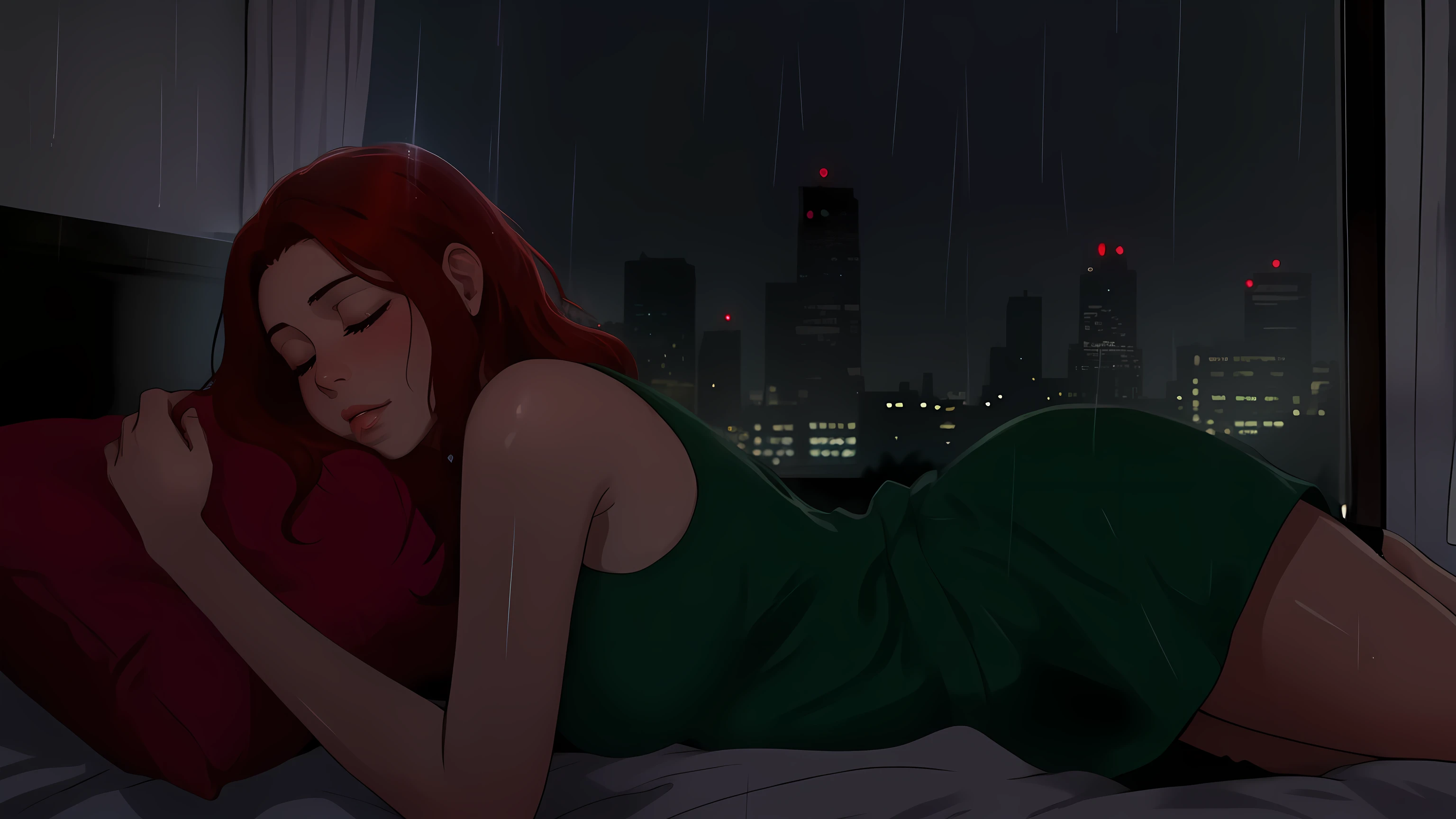 "A cozy and cinematic bedroom with a dark, rainy atmosphere. The room is illuminated by moody neon lights in shades of deep purple and soft green, casting a mysterious and calming glow on the walls. A woman with short auburn red hair is lying on her back on the bed, her body in a natural, relaxed position. Her arms are resting by her sides, and her head is comfortably placed on a soft pillow. Her eyes are gently closed, exuding a sense of peaceful rest. Outside the large glass window, heavy rain pours down, with water droplets streaming across the glass. She is dressed in casual, comfortable clothing, perfectly blending with the tranquil ambiance of the room. A vintage classic TV is playing static or an old movie, adding a nostalgic cinematic touch to the dimly lit space."
