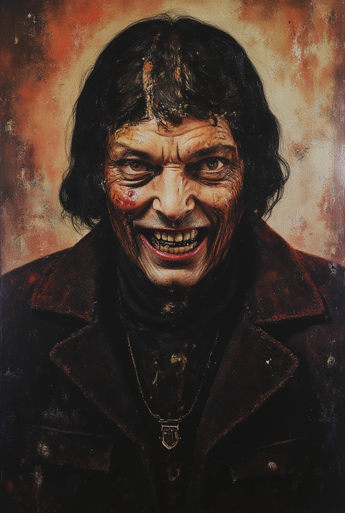 Oil painting of a demonic creature with a very creepy smile, wavy hair, oil brush strokes textured painting, painted by Zdzislaw Beksinski, creepy, horror, red color palette