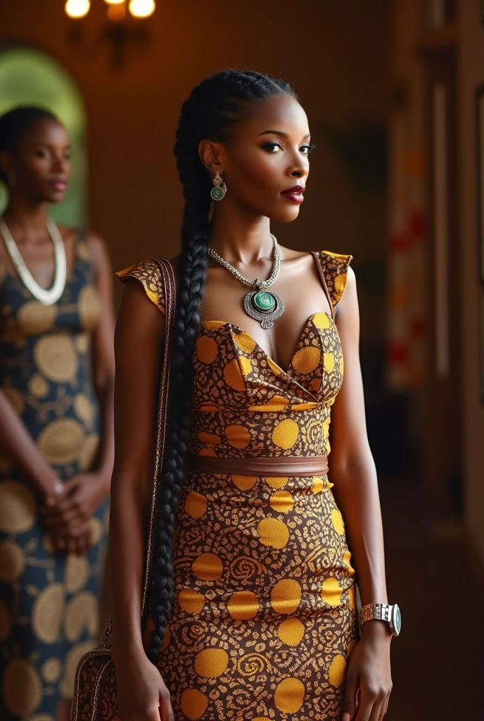  Generate for me a photo in a party room in a party room traditional African wedding with people,  Dressed in an elegant loincloth dress with brown pattern with a small birkin bag , With a black shoe ,  woman with a light tanned complexion .  Stylish braid hair 