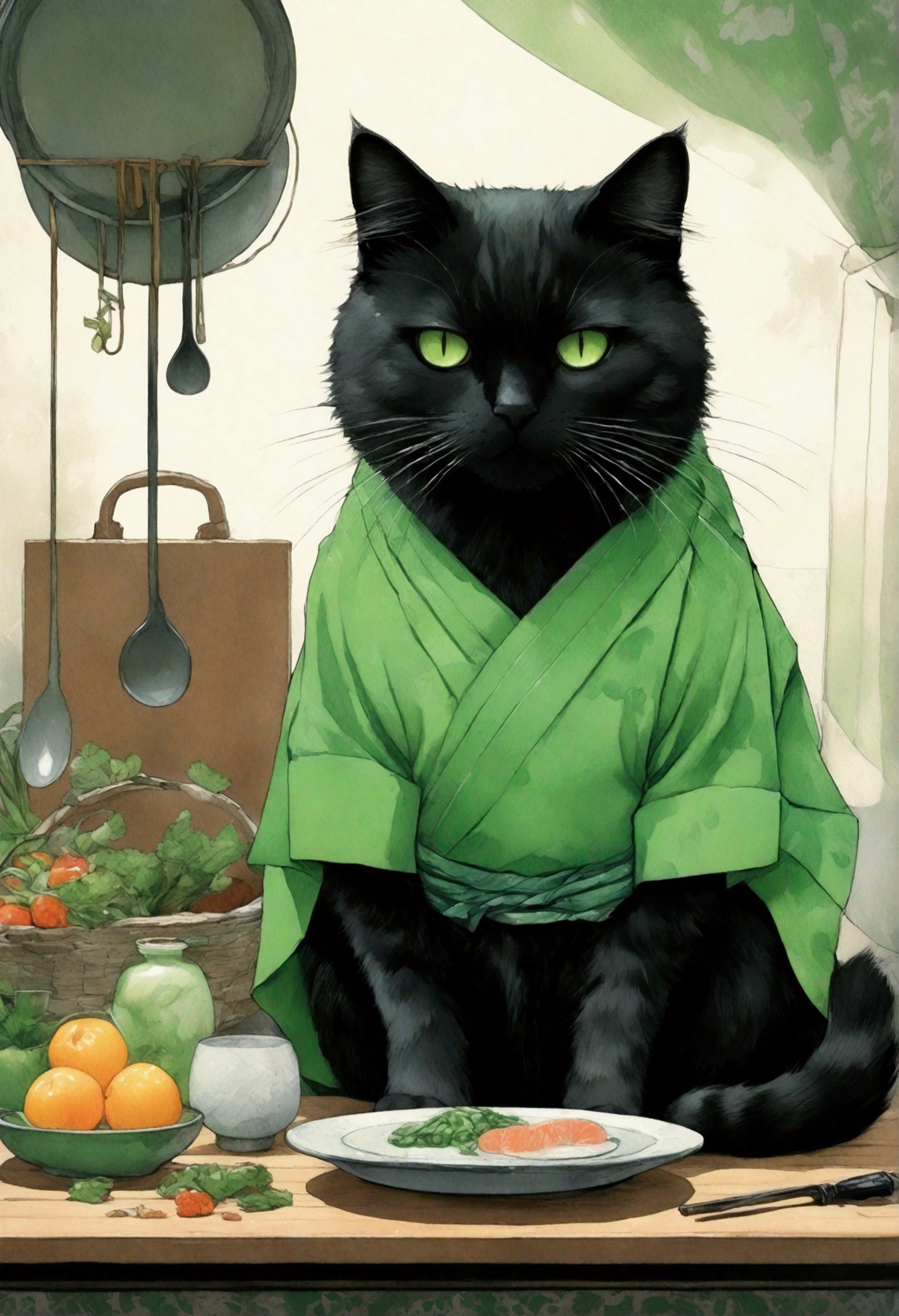 Very big male black cat, Shōjō,  standing on a plate ,  wearing a green apron ,  poor eyesight , Omega-shaped mouth ,  gray coat from mouth to stomach, Soft touch manga illustration