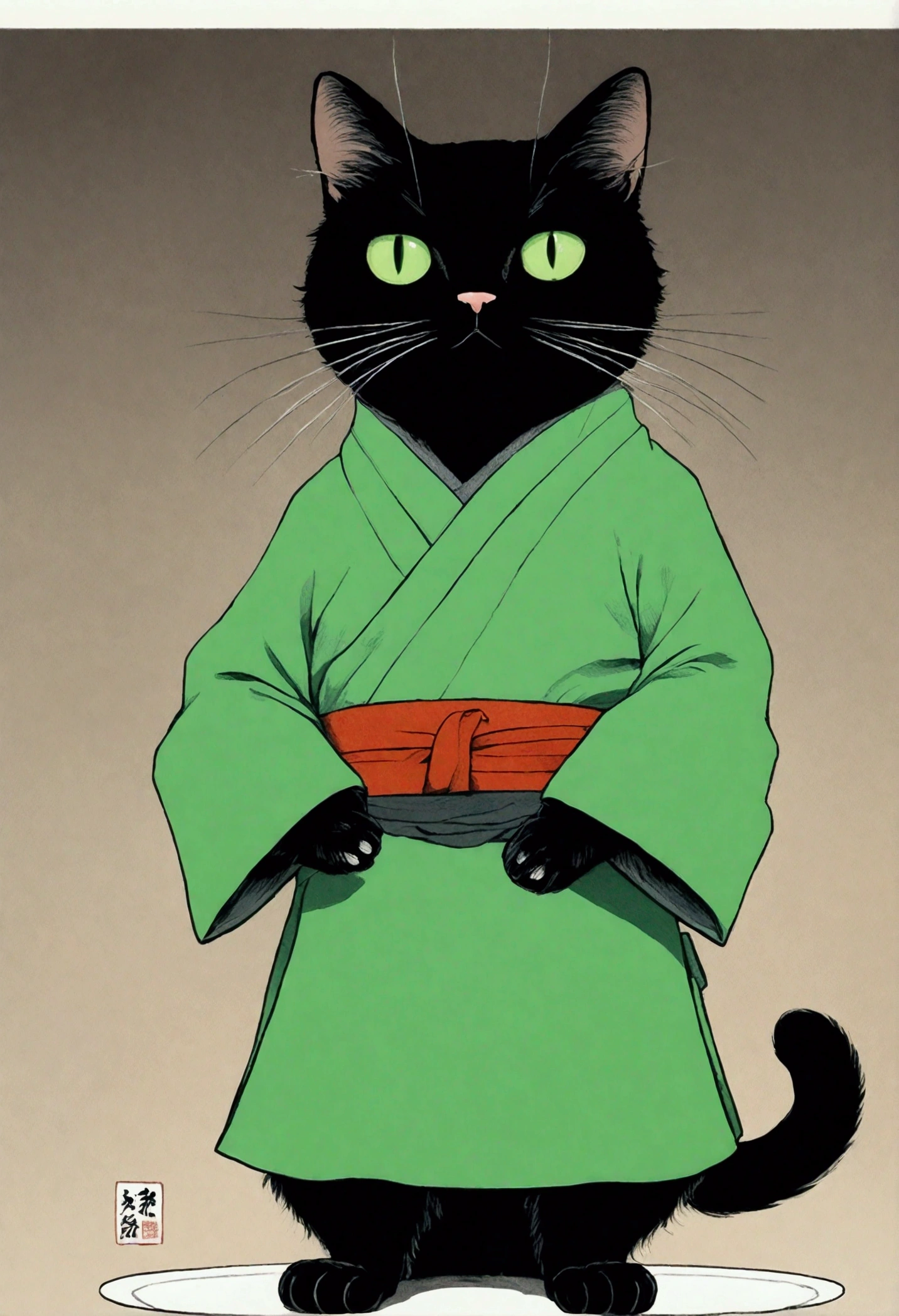 Very big male black cat, Shōjō,  standing on a plate ,  wearing a green apron ,  poor eyesight , Omega-shaped mouth ,  gray coat from mouth to stomach, Soft touch manga illustration