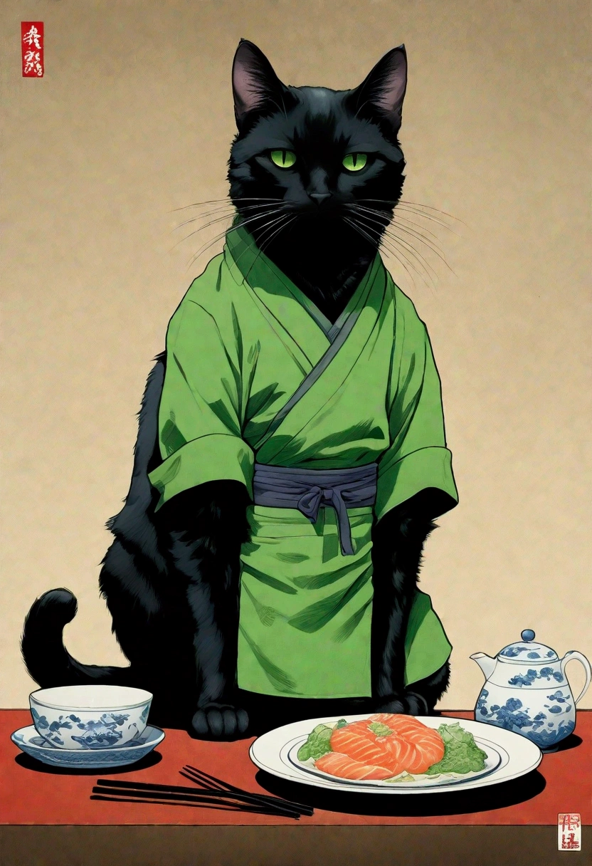 Very big male black cat, Shōjō,  standing on a plate ,  wearing a green apron ,  poor eyesight , Omega-shaped mouth ,  gray coat from mouth to stomach, Soft touch manga illustration