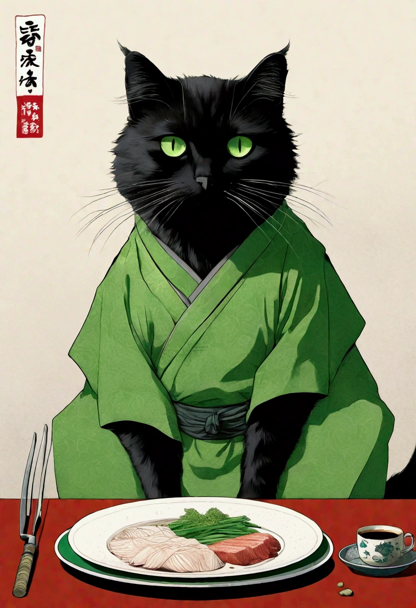 Very big male black cat, Shōjō,  standing on a plate ,  wearing a green apron ,  poor eyesight , Omega-shaped mouth ,  gray coat from mouth to stomach, Soft touch manga illustration