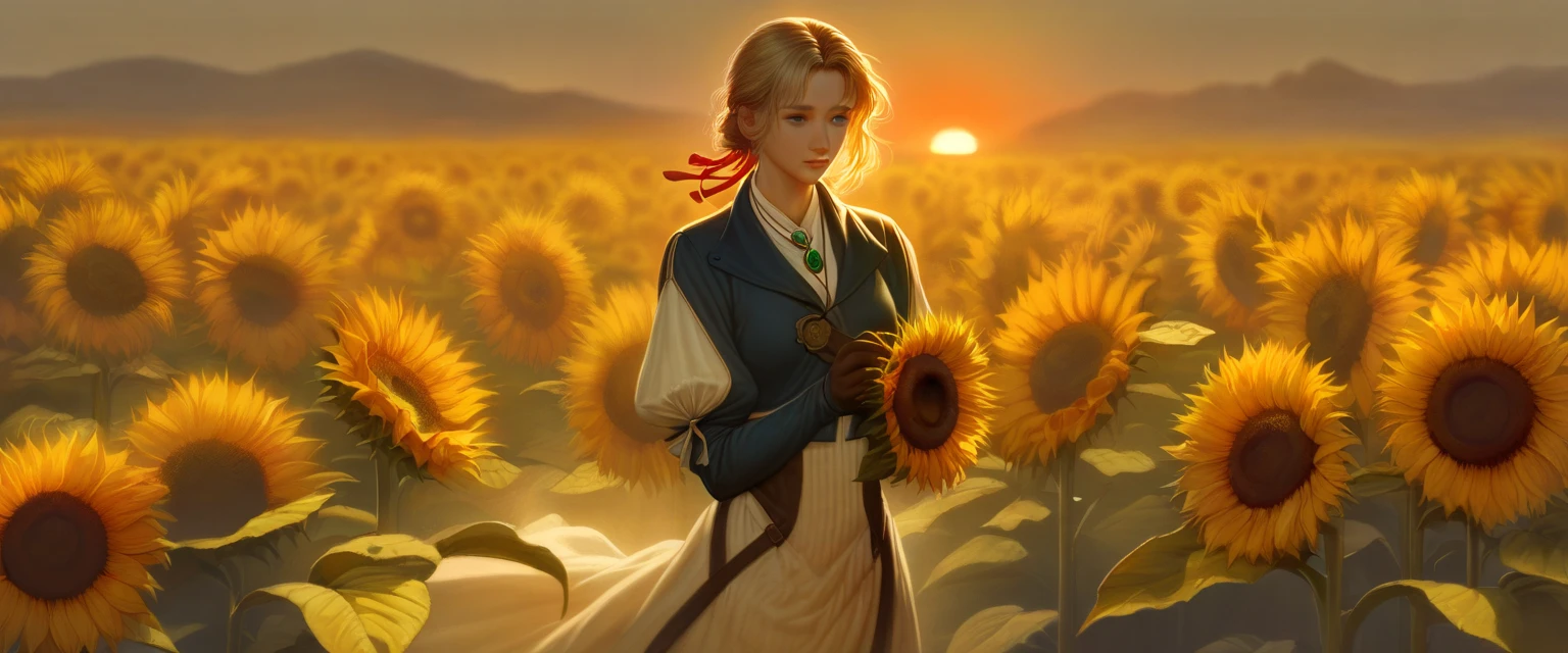 This is a digital illustration featuring a young woman standing amidst a vast field of sunflowers, bathed in the warm, golden light of a setting sun. The woman has fair skin, blonde hair tied back with a red ribbon, and striking blue eyes. She is dressed in a blue and white historical-style outfit, complete with a high-collared jacket and a flowing skirt, reminiscent of a Victorian or Edwardian era. Her outfit is accessorized with a green pendant necklace and a red ribbon in her hair.

She holds a sunflower in her gloved hands, gazing at it with a serene expression. The sunflowers surrounding her are in full bloom, their vibrant yellow petals and green leaves contrasting with the soft, golden light of the setting sun. The background features a hazy, distant landscape with soft, muted colors, suggesting a serene countryside or rural setting. The overall atmosphere is peaceful and idyllic, with the warm light casting a gentle glow over the scene. The texture of the sunflower petals is detailed, and the woman's clothing is rendered with a realistic, smooth texture. The image captures a moment of tranquility and connection with nature.