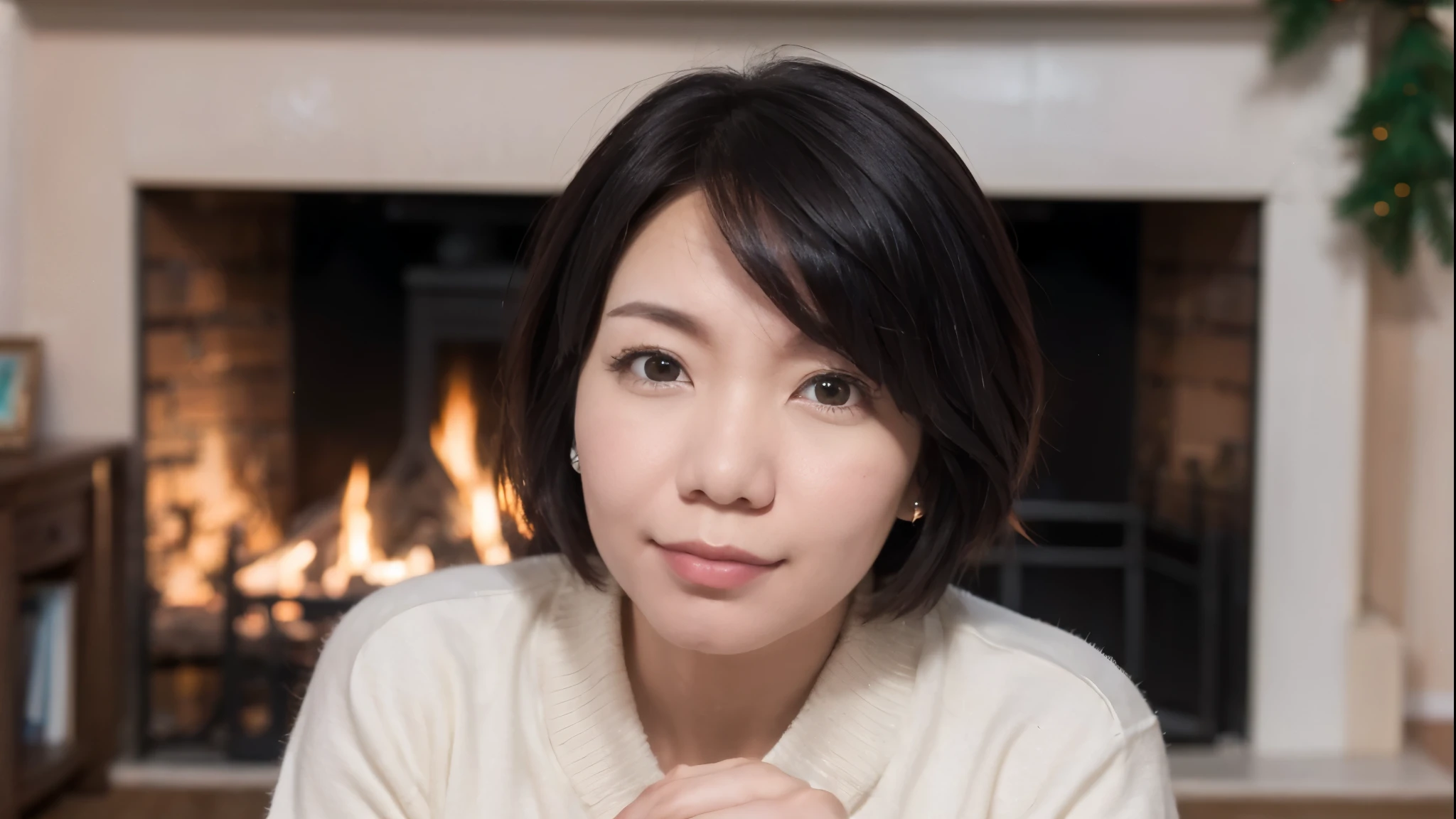 A beautiful chinese 50yo woman with beautiful eyes:1.2, detailed eyes, short hair, beautiful full lips, highly detailed eyes and faces, long eyelashes, cute expression, smile, sitting:1.4, holding a Christmas star, homely background, Christmas sweater, fireplace, warm light, detailed lighting and shadows, anime style, 8k, Hi-Res, masterpiece:1.4, bright colors,