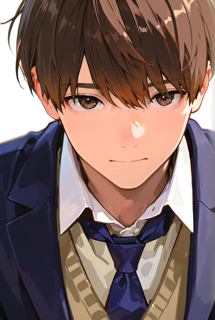  one boy ,Blazer uniform and cardigan, shortcuts, bright brown hair , upper body close-up, Background Blur