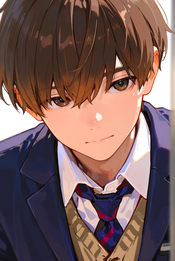  one boy ,Blazer uniform and cardigan, shortcuts, bright brown hair , upper body close-up, Background Blur