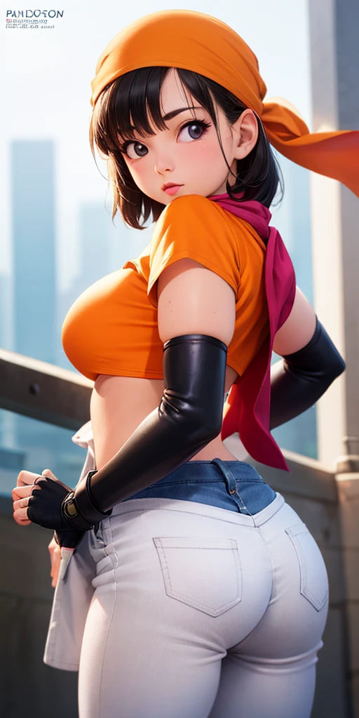  masterpiece ,  La mejor calidad ,  highest quality ,  photorealistic ,  perfect anatomy , perfect face, perfect eyes, bandana orange , pandballgt, 1girl, black eyes, black hair, short hair, orange bikini, pants,  fingerless gloves,

