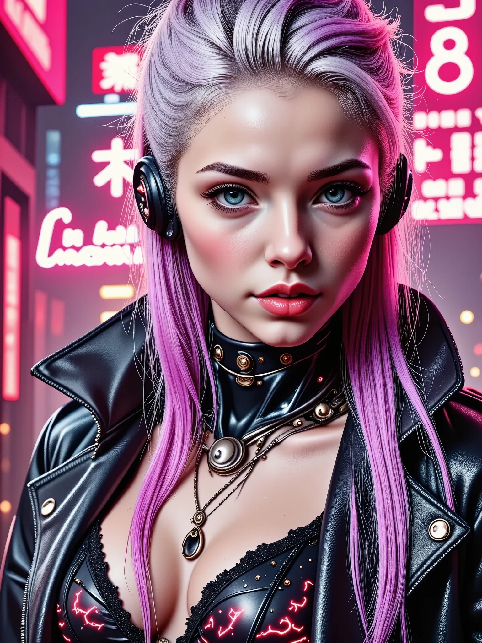 A beautiful anime-style cyberpunk girl, detailed face with big expressive eyes, long eyelashes, small nose, full lips, blue hair with neon pink highlights, futuristic cybernetic implants and augmented reality interfaces, intricate cyberpunk fashion with neon accents, in a dark dystopian city background with neon lights, skyscrapers, and flying vehicles, 8k, photorealistic, cinematic lighting, hyper detailed, digital art