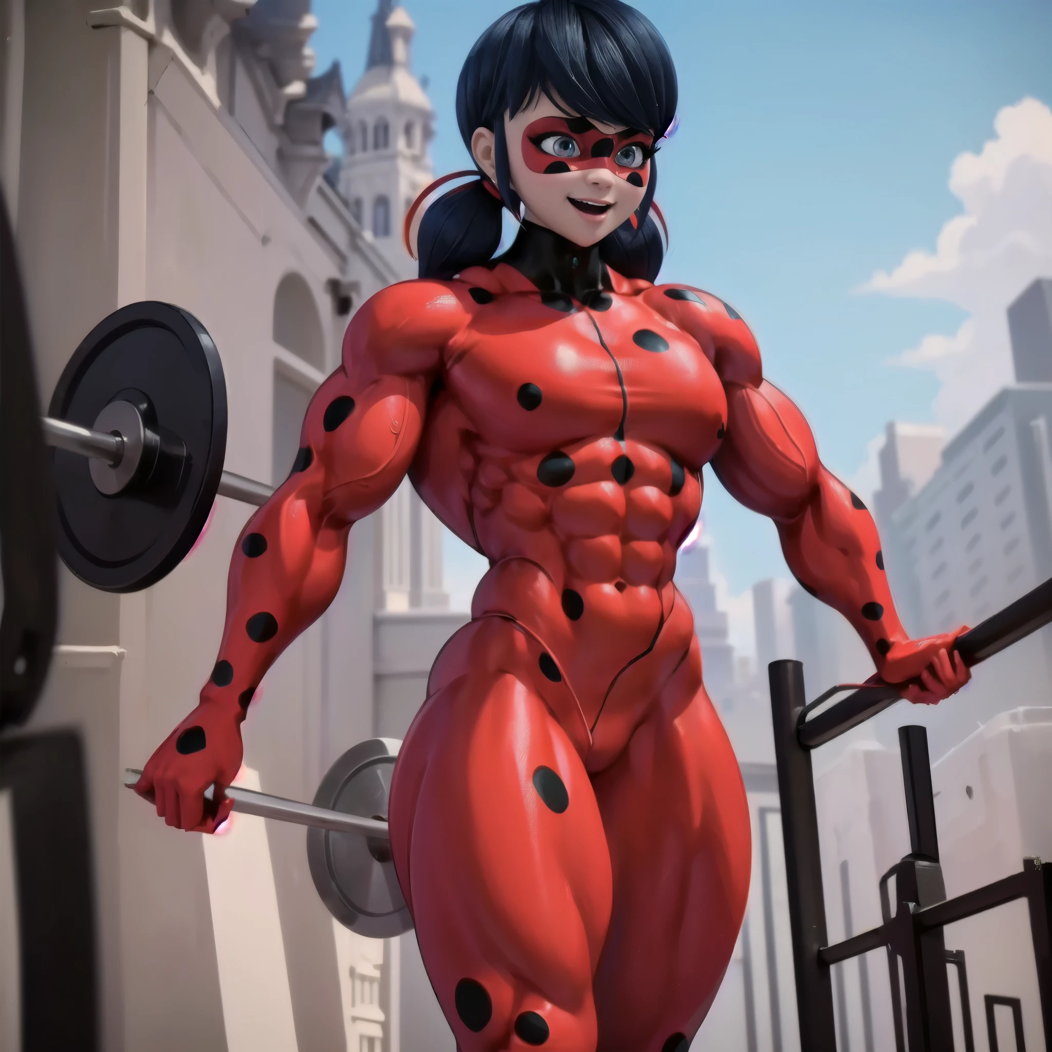 (big muscular female bodybuilder, beautiful detailed eyes, beautiful detailed lips:1.1,strong physique, two short pigtails, (smile,open mouth),a bright red mask with five black spots that are in a symmetrical design around her eyes, a luminous vivid red superhero jumpsuit with a black turtleneck collar and black spots, working out,lifting weight.), lifting weight, muscular arms and legs:1.2, toned abs, powerful expression,sweating:1.1, Dumbell background:0.9, intense focus:1.1, gym:1.1, vibrant colors, dramatic lighting),rippling muscles,sturdy frame,dark tan,fit around the waist,tight abs,strong arms and shoulders,intense expression,determined look,well-defined muscles and veins,straining muscles,artistic pose,steely gaze,side lighting,powerful presence,vivid colors,dynamic composition,studio lighting,physically-based rendering,athletic build,bodybuilding silhouette,professional,gritty texture,bokeh.