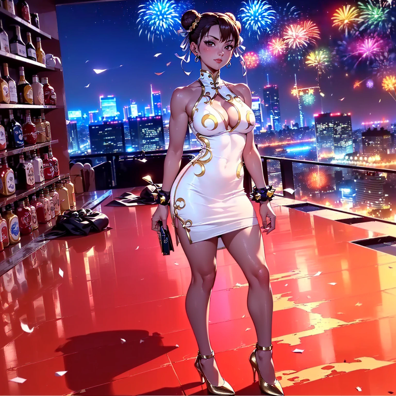 ((1girl, solo ,alone, ((chun-li, chunli, brown hair, muscular thighs, (sf2 chun, sfa chun, sf5 chun, sf6 chun), toned thighs, hair up, hair bun, high bun,  hair buns, brown eyes)), gold bracelets, ruby earrings)), ((solo, 1woman, red lipstick, Extremely detailed, ambient soft lighting, 4k, perfect eyes, a perfect face, perfect lighting, a 1girl)), austere, ((fitness,, shapely body, athletic body, toned body)), ((white dress, dress with gold embroidery, a-line dress, high heels, silver high heels, new year, new year's eve, fireworks, 2025, happy new year, happy 2025, new year's party, window, night, stars, balloons, new year decoration, terrace, buildings, skyscraper, balcony, smug, party, confetti, marble floor, smug))