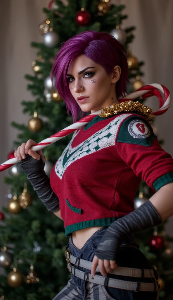 (best quality, 128k,highres,masterpiece:1.2),ultra-detailed,(realistic,photorealistic,photo-realistic:1.37), ((masterpiece)) ((photography)) ((Highest quality)) Vi from Arcane in a Christmas theme: Vi, wearing a tough yet festive Christmas sweater with a snowflake design, her usual gloves now adorned with jingle bells, strikes a playful but fierce pose. Her purple hair has a few strands tied with red ribbons, and she’s holding a giant candy cane like a weapon. Behind her is a Christmas tree that’s a bit too overdecorated, with tinsel spilling everywhere. The setting feels festive yet chaotic, with a mix of holiday cheer and Vi’s fiery energy.