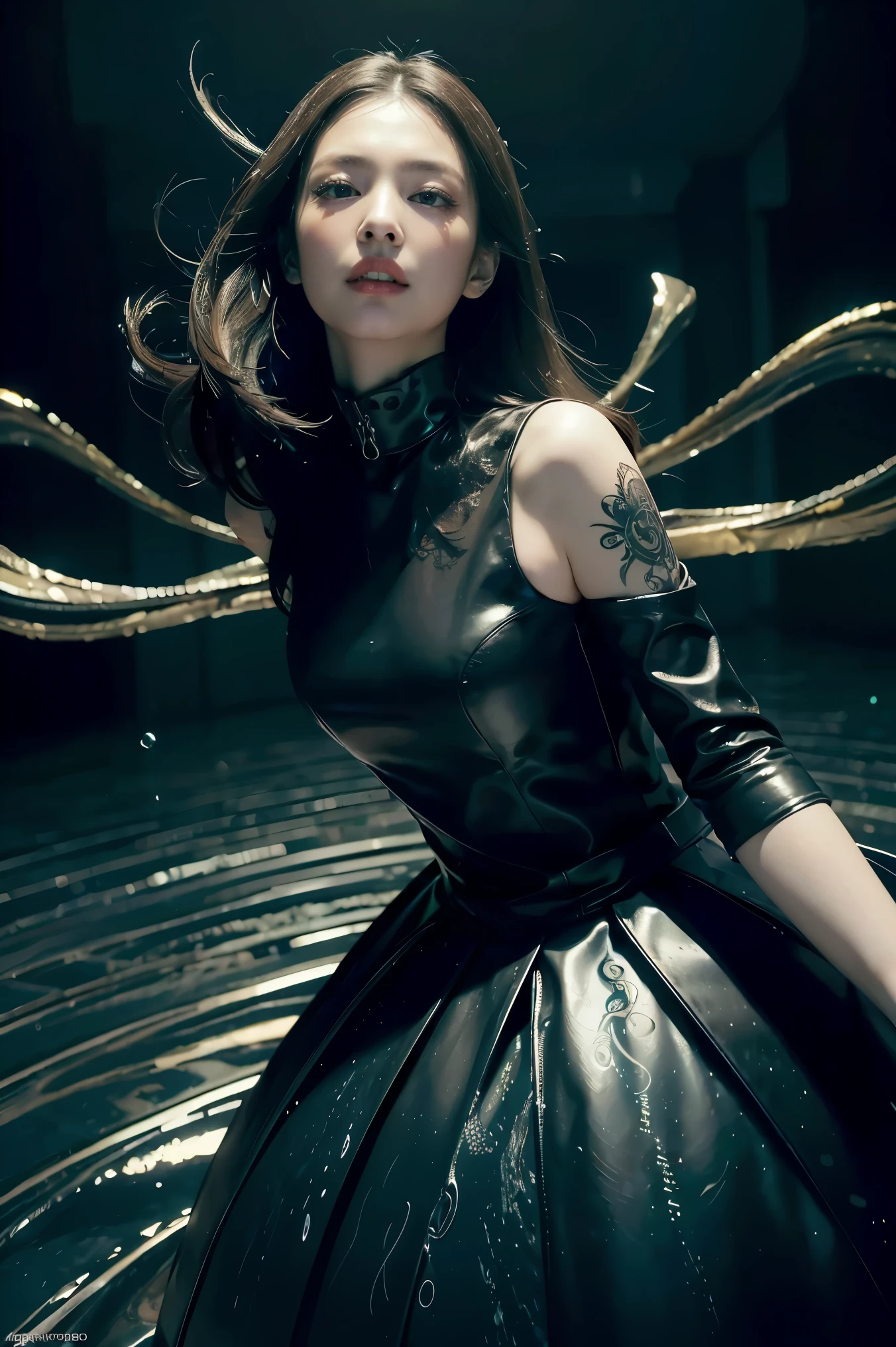 (masterpiece, best quality)), ultra detailed 8k, photorealistic, sharp focus, highly detailed, professional lighting , shadowmancer, photo of a woman, ink particle, ((swirling black ink floating around)), futuristic fantasy, futuristic black dress, dynamic pose, realistic, masterpiece, intricate details, detailed background, depth of field,