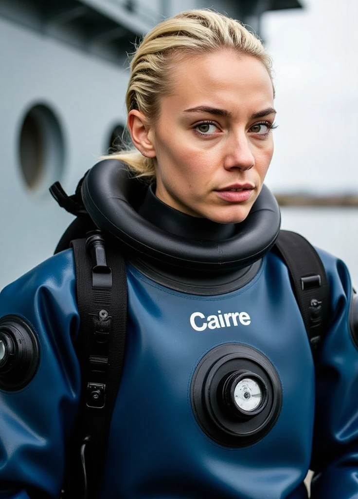 A documentary photo, Photo-realistic, ultra-realistic, (Cuban beautiful young woman, famous Cuban model,blond white shortcut hair:1.3, pascha hairblond:1.4,,boyish cool face:1.3, profile:1.3), wetlook rubberish blue clothes,, she is a military diver of Cuban navy, experienced military diver, wearing a professional wetsuits for military diver with professional scuba equipment, She is on a shlre, She is preparing to scuba dive for a lifesaving mission, there is a large battle ship behind her,, Natural Makeup, boyish face ,Front View:1.21, Perfect Anatomy:1.21, Small head:1.21, Slender body:1.37, Narrow waist:1.5, Thin limbs:1.5, Flat Chest:1.5, Anatomically correct limbs, Diving Suits drysuits (high smooth turtleneck collar), Fully equipped for diving, Very cute Japanese woman, Brown Hair, Chignon Hair, woman holds oval scuba mask, Calm sea in qinter, Dynamic and emotional movie lighting, 