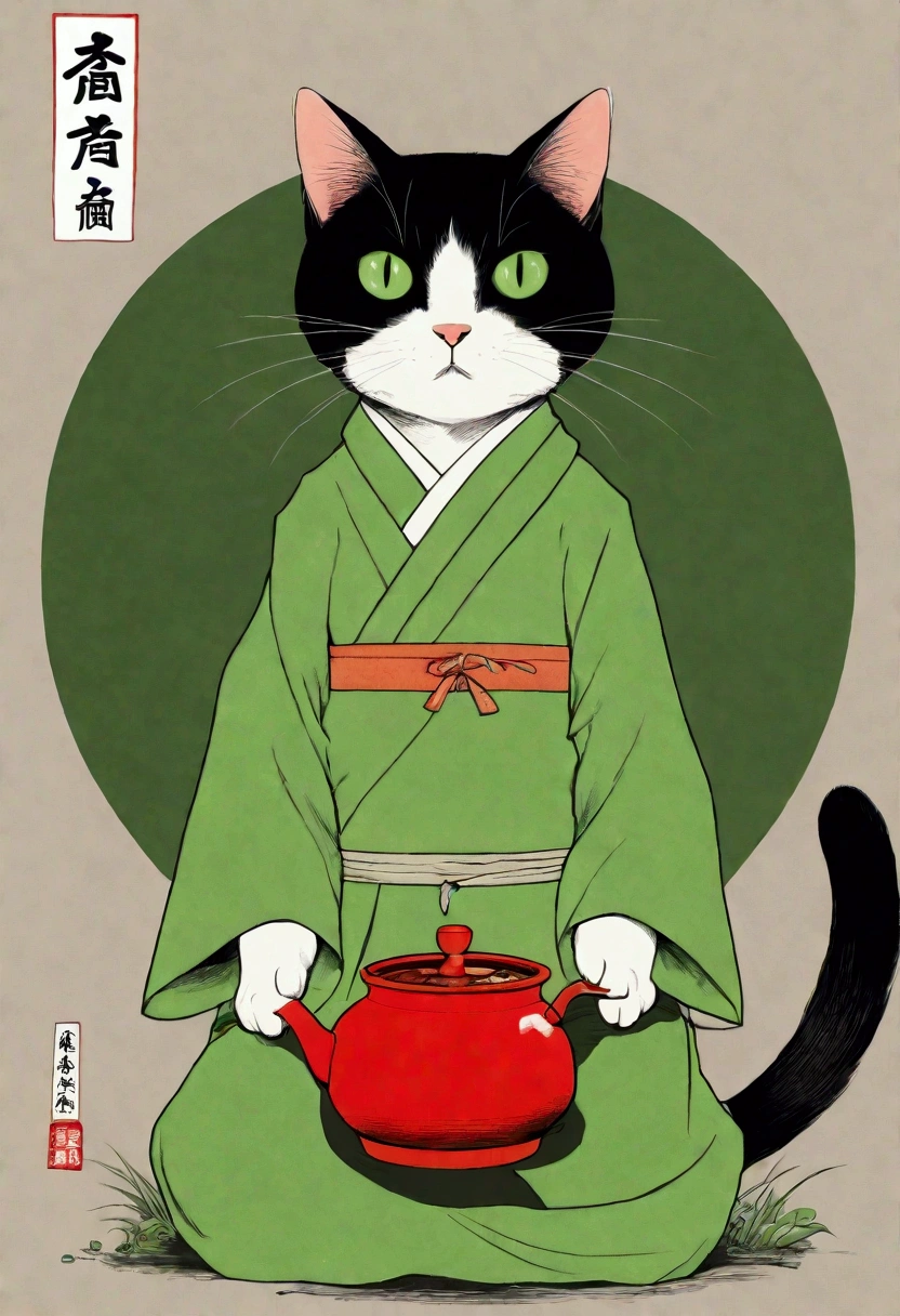  male black cat bigger than a human holding a red pot, Shōjō,  standing on a plate ,  wearing a green apron ,  poor eyesight , Omega-shaped mouth ,  gray coat from mouth to stomach:1.3, 赤いお鍋を持っている, Soft touch manga illustration