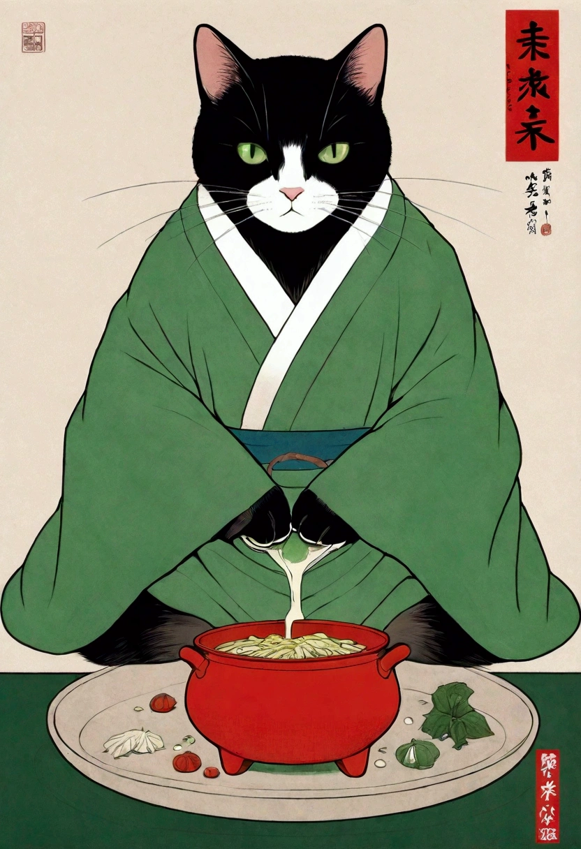  male black cat bigger than a human holding a red pot, Shōjō,  standing on a plate ,  wearing a green apron ,  poor eyesight , Omega-shaped mouth ,  gray coat from mouth to stomach:1.3, 赤いお鍋を持っている, Soft touch manga illustration