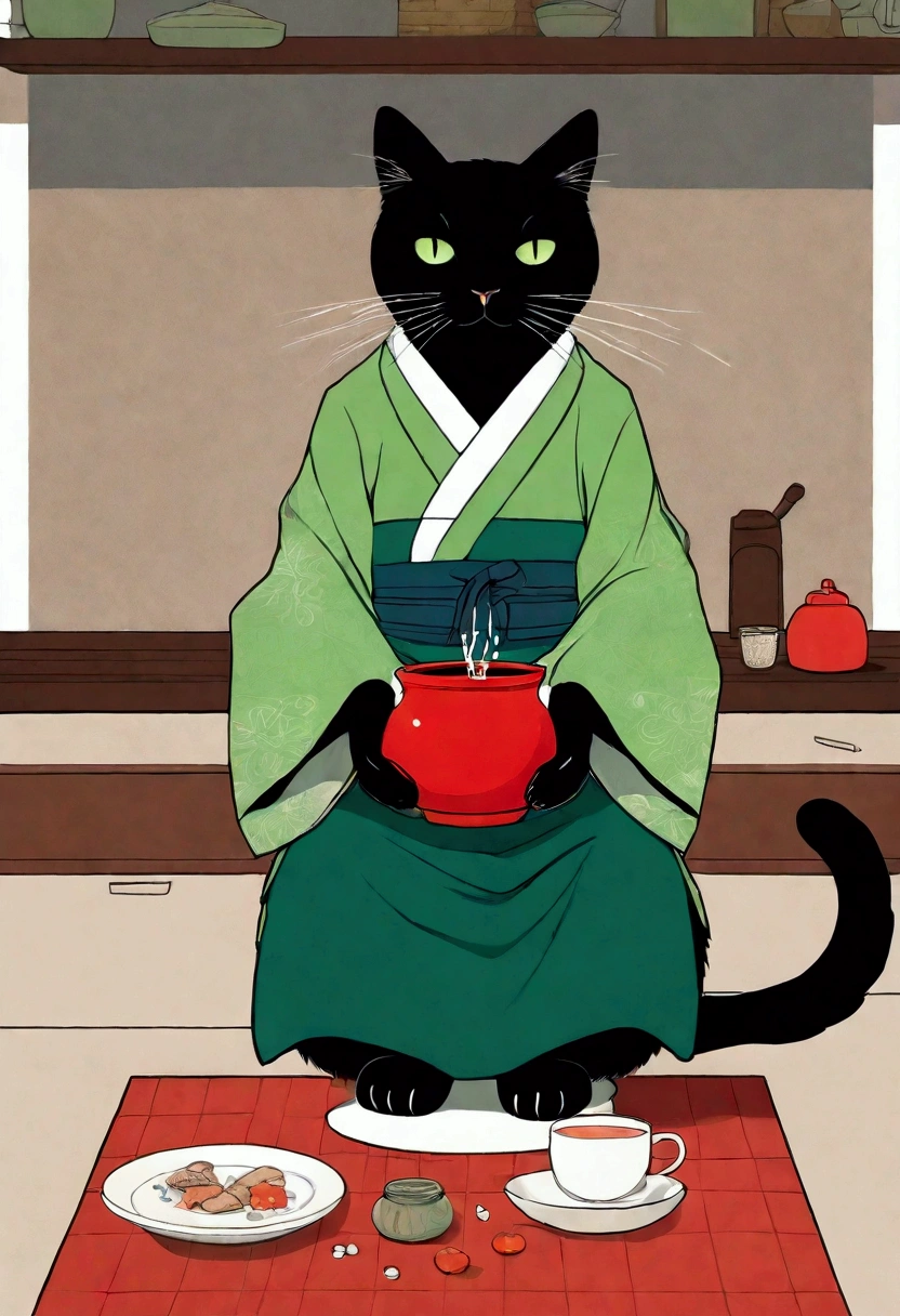  male black cat bigger than a human holding a red pot, Shōjō,  standing on a plate ,  wearing a green apron ,  poor eyesight , Omega-shaped mouth ,  gray coat from mouth to stomach:1.3, 赤いお鍋を持っている, Soft touch manga illustration