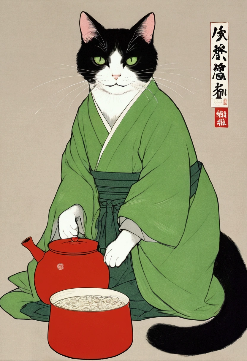  male black cat bigger than a human holding a red pot, Shōjō,  standing on a plate ,  wearing a green apron ,  poor eyesight , Omega-shaped mouth ,  gray coat from mouth to stomach:1.3, 赤いお鍋を持っている, Soft touch manga illustration