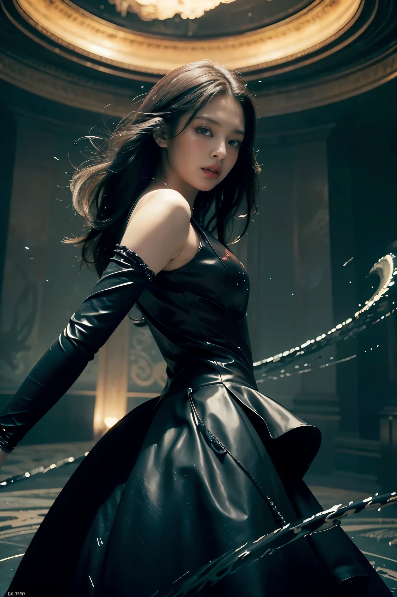 (masterpiece, best quality)), ultra detailed 8k, photorealistic, sharp focus, highly detailed, professional lighting , shadowmancer, photo of a woman, ink particle, ((swirling black ink floating around)), futuristic fantasy, futuristic black dress, dynamic pose, realistic, masterpiece, intricate details, detailed background, depth of field,