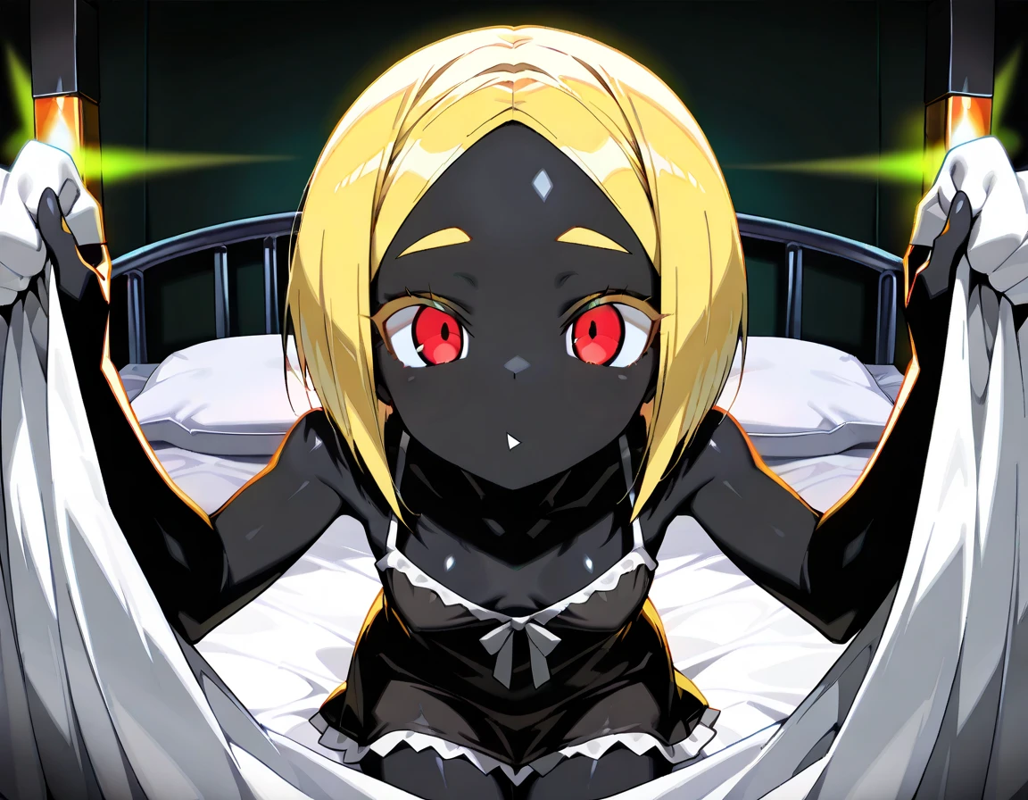 ((SFW:1.5, score_9, score_8_ up, score_7_ up, blackっぽい体の女性 , black:100, black skin, jet black glossy skin , A mouth that doesn't exist:1.3, Blonde Bob, Cool beautiful eyes :1.3, length, Narrow eyes:1.3,  well-groomed golden eyebrows ,  super high res,  textured skin ,  high detail ,  high resolution icons ,  top quality )),  cowboy shot,  front:1.5,  viewers, nightgown costume , Beautiful breast, Slim thighs:1.1, whole body, bedroom,  lying on the bed ,  inviting me with sheets 