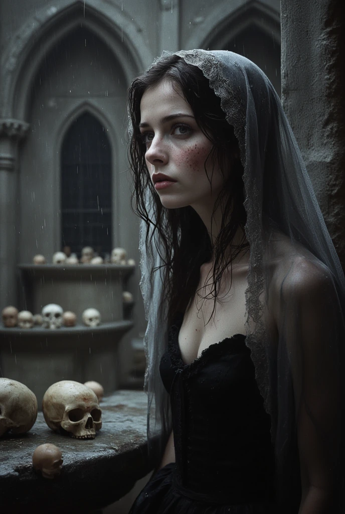 A dark fantasy digital painting depicts a haunting scene with a freckled young woman as the central figure, positioned on the right side of the frame. The woman has wet, disheveled dark brown hair clinging to her face, which is covered in water droplets. Her expression is somber and melancholic, with wide-open eyes and slightly parted lips revealing muted pink coloration. She wears a sheer, gray veil draped over her head and shoulders, its delicate lace edges visible against her rain-soaked hair. The veil partially covers her head, revealing glimpses of her forehead. Her skin appears pale and damp, adorned with numerous water droplets that reflect light, emphasizing the texture of her complexion. She dons a dark, Victorian-style corset dress with a deep neckline and ruffled details tied at the front by a thin cord. In the midground, numerous human skulls of varying sizes are scattered across stone platforms, some stacked upon each other, creating a macabre atmosphere. The background features ornate Gothic architecture with weathered stone columns and archways displaying intricate carvings and decorative capitals. These pillars bear visible cracks, wear marks, and aged textures, adding to the eerie ambiance. A large arched window with a star-like symbol is partially visible behind the woman. The lighting is dim and diffused, casting soft shadows and highlighting the textures of both the woman's face and the decaying elements around her. Heavy rainfall is depicted falling diagonally from the top left corner to the bottom right, creating a gloomy mood and adding to the overall sense of desolation. Raindrops are visible on the woman's face, hair, and clothing, enhancing the realism and contributing to the chilling atmosphere. The color palette consists of muted grays, blacks, and off-whites, with low saturation and high contrast, emphasizing the gothic and eerie mood of the scene. The overall composition creates a striking juxtaposition between the living subject and th