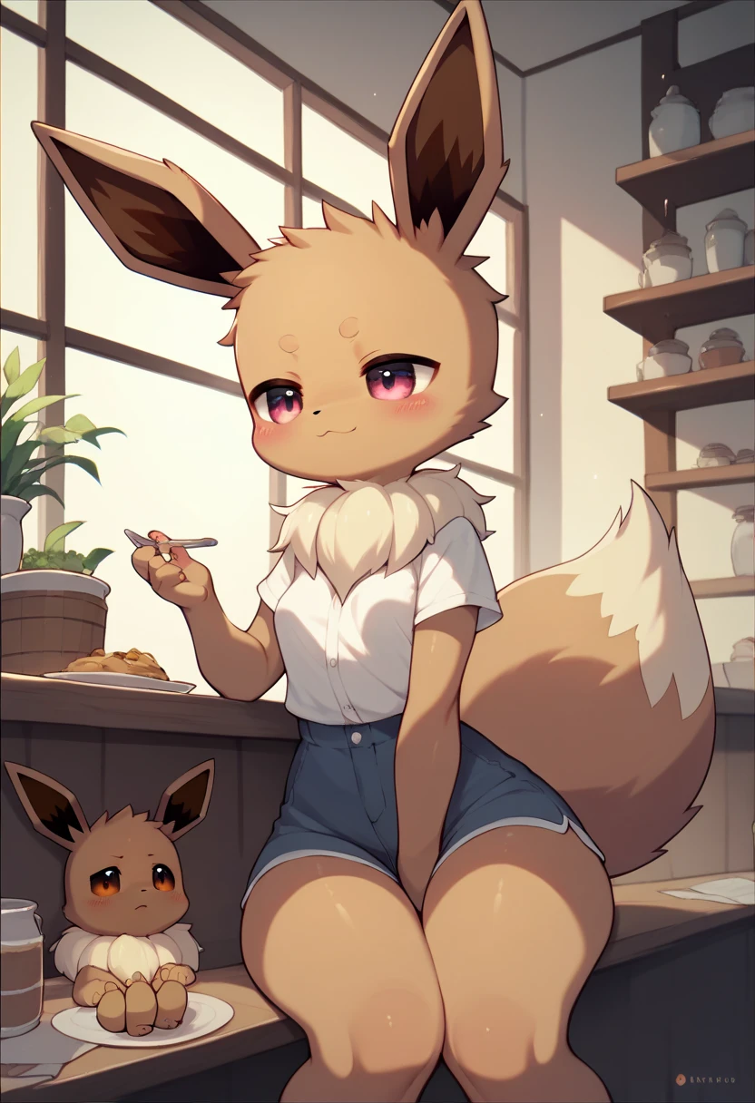 Anime style Eevee furry sexy hot woman,(small breasts) very long huge legs, in the Café rooms. 