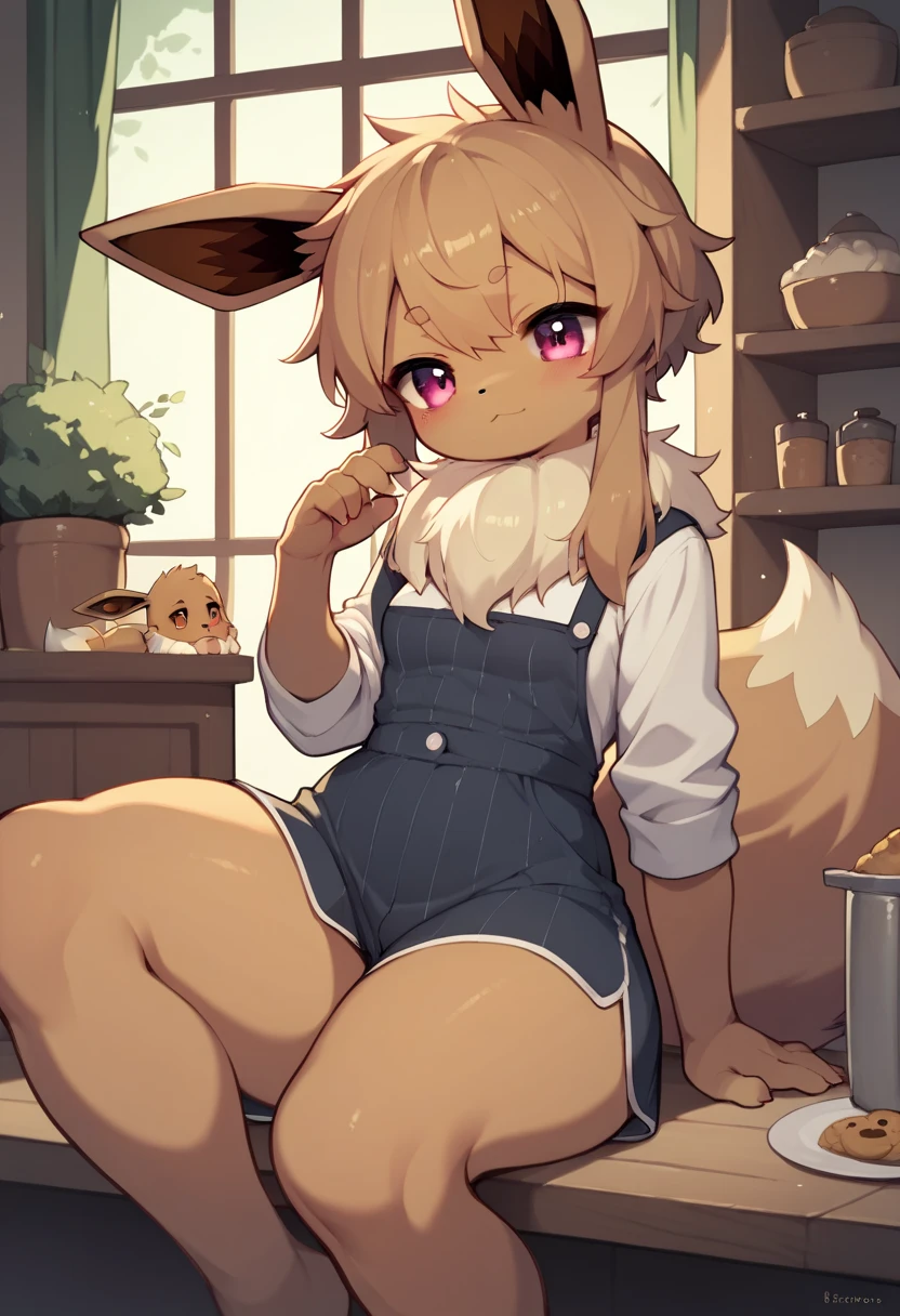 Anime style Eevee furry sexy hot woman,(small breasts) very long huge legs, in the Café rooms. 