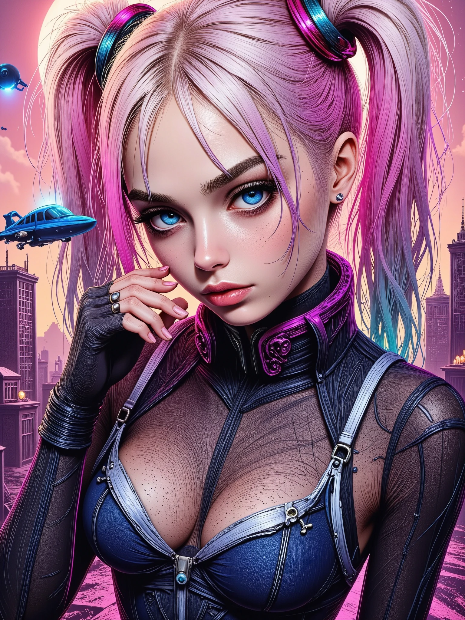 A beautiful anime-style cyberpunk girl, detailed face with big expressive eyes, long eyelashes, small nose, full lips, blue hair with neon pink highlights, futuristic cybernetic implants and augmented reality interfaces, intricate cyberpunk fashion with neon accents, in a dark dystopian city background with neon lights, skyscrapers, and flying vehicles, 8k, photorealistic, cinematic lighting, hyper detailed, digital art