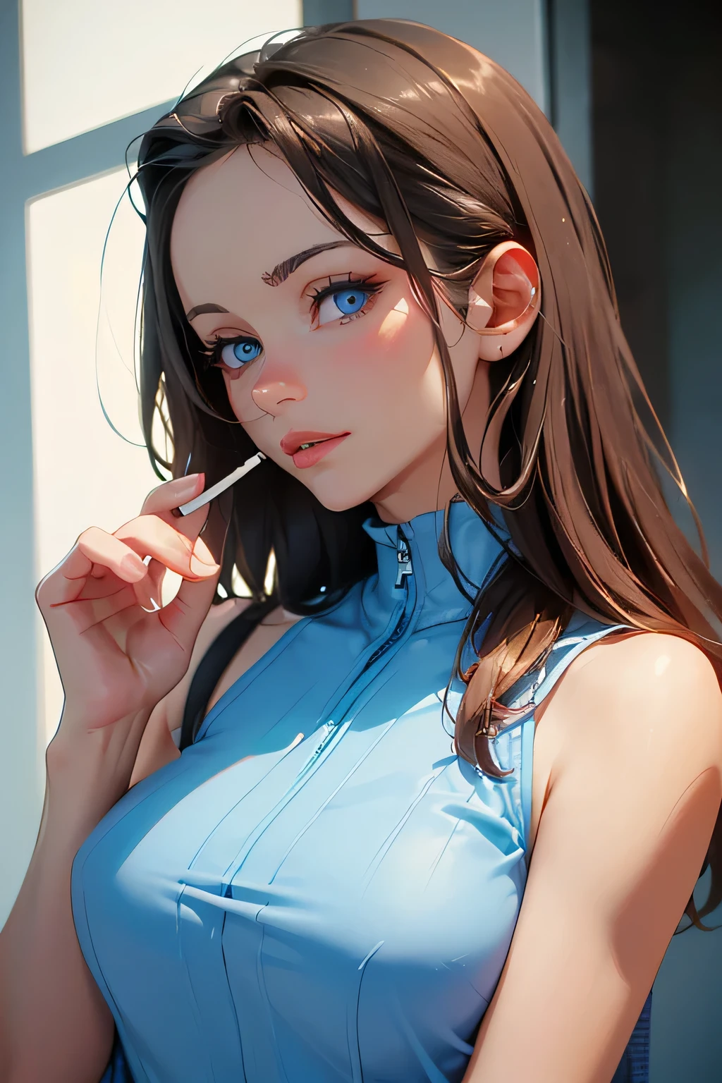 beautiful woman . She is 35 years old . She's a drug addict . cigarette in hand . height 180 centimeters . Breast size 3 . blue eyes . brown-haired .